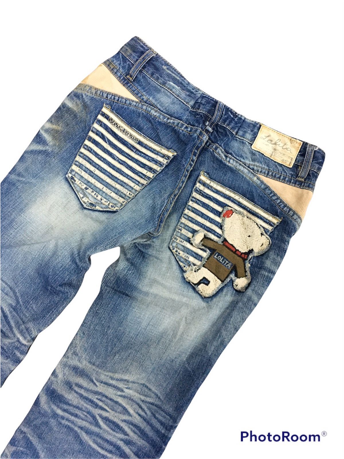 RARE JapanBrand Lolita Distressed Denim Stripe Pocket Bear