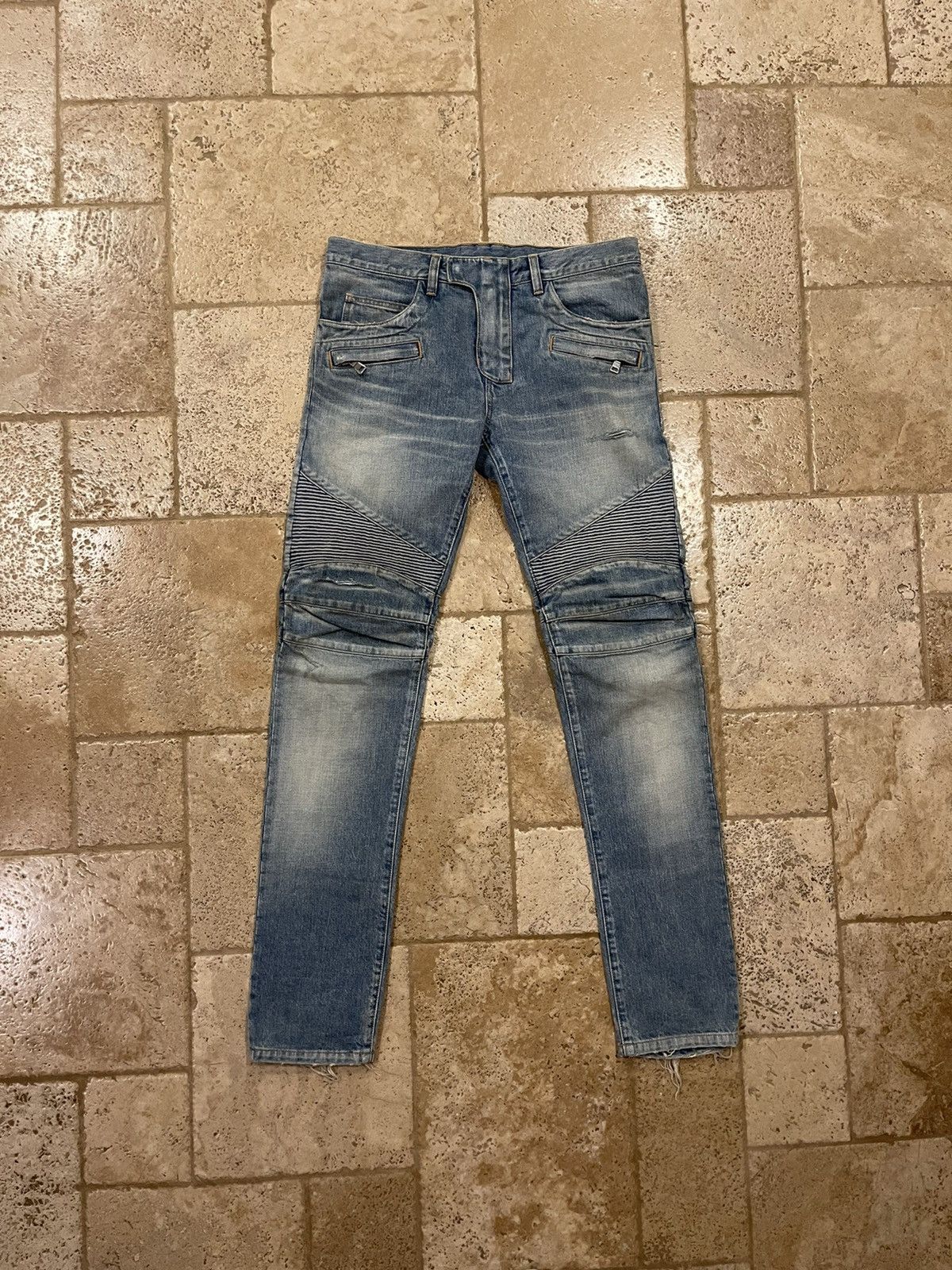 image of Balmain OG Biker Distressed Light Wash Blue Denim Jeans, Men's (Size 33)