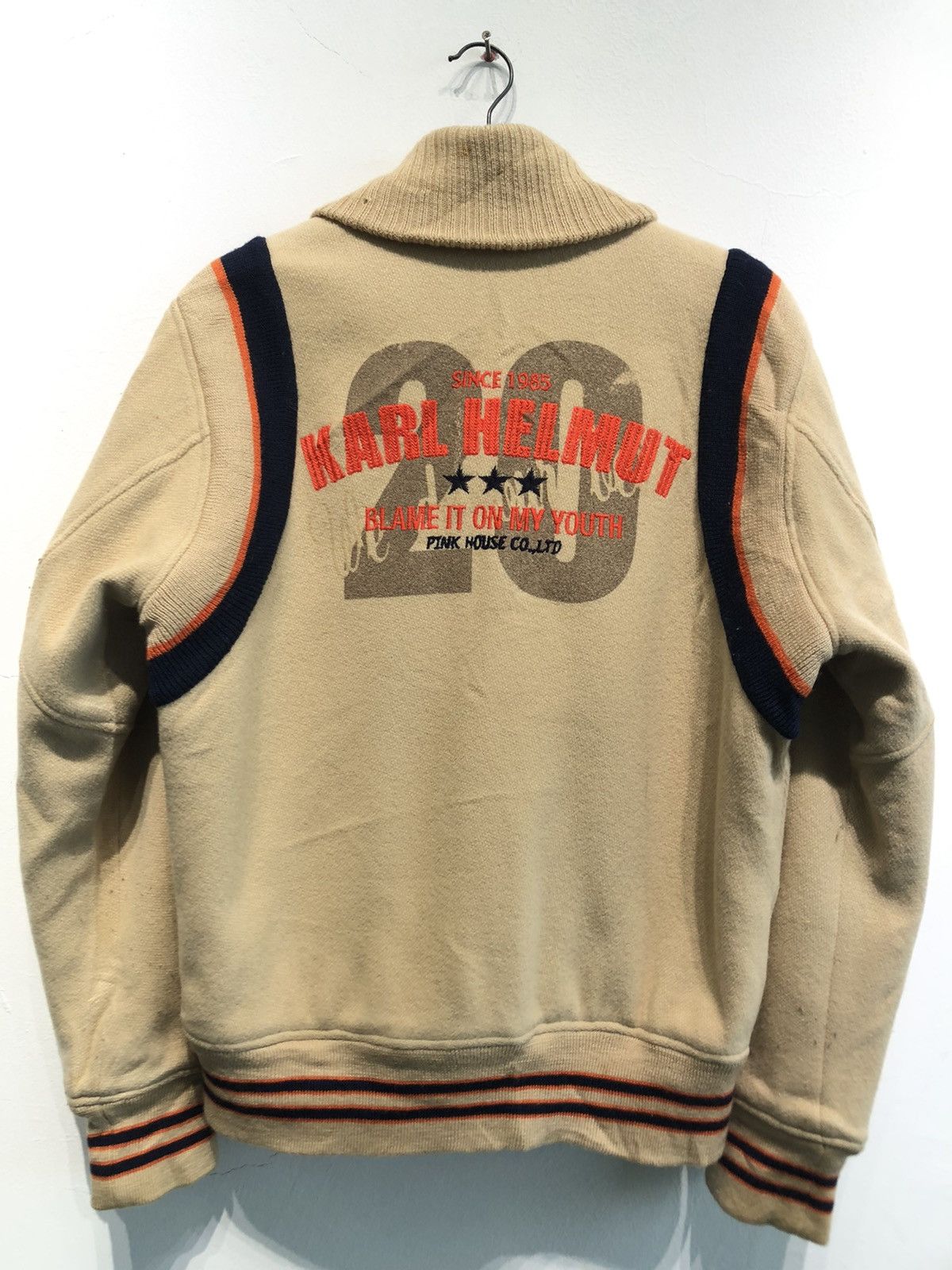 image of Karl Helmut x Vintage Kart Helmut Big Logo Varsity Jacket in Brown, Men's (Size Medium)
