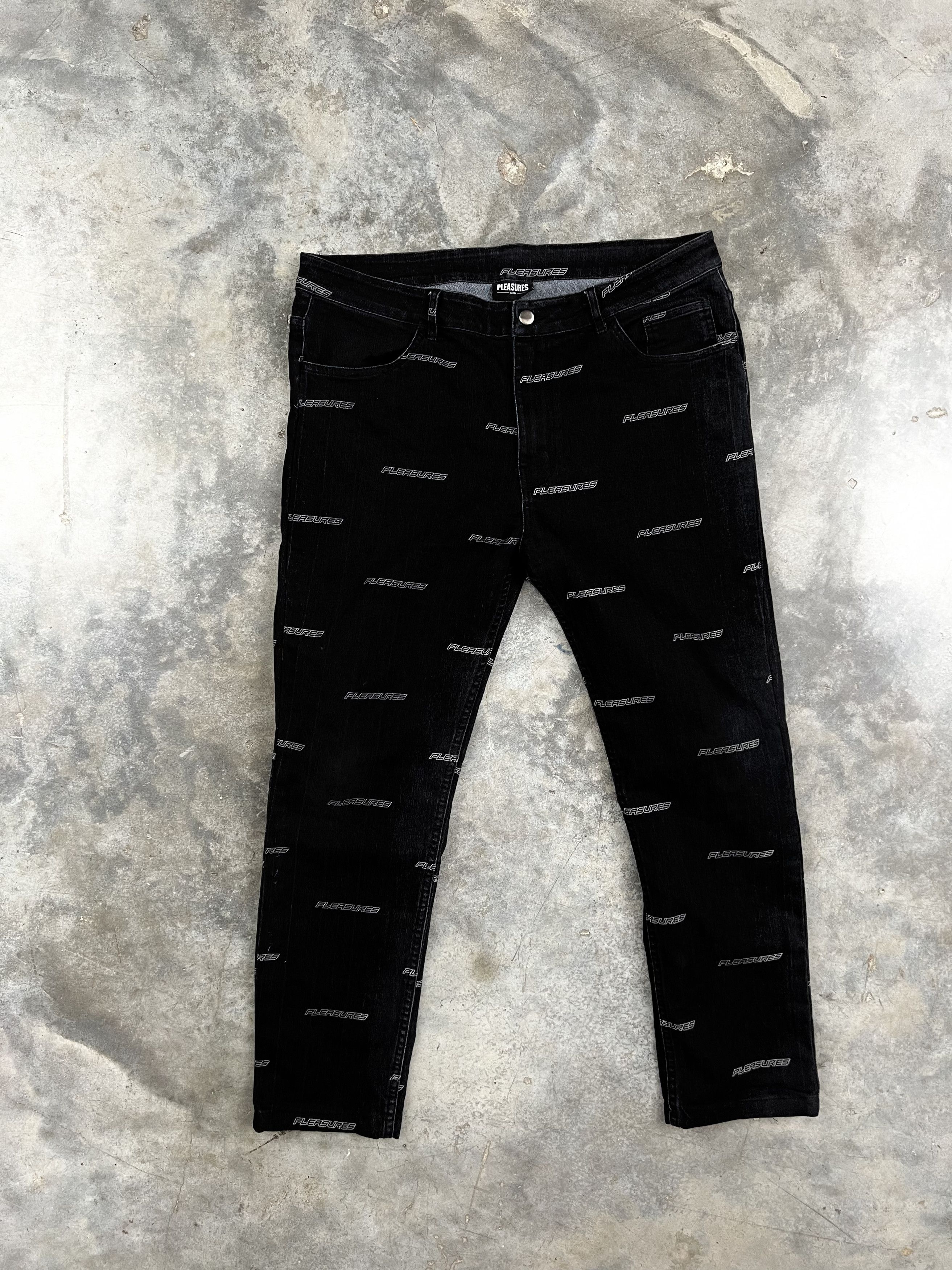 image of Pleasures Black Repeat Logo Typhoon Denim Jeans Sz. 36, Men's