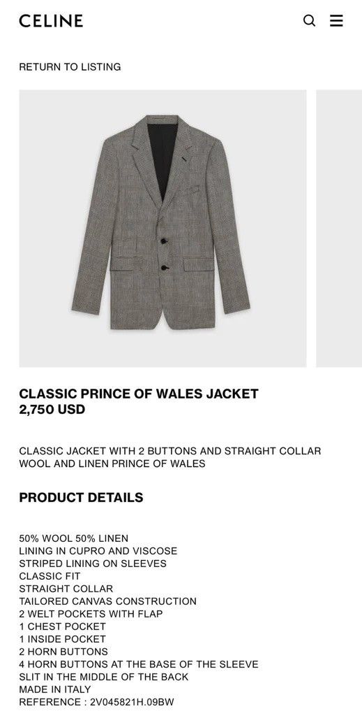 Celine × Hedi Slimane 「LIMITED TIME」CELINE “SS20 CLASSIC PRINCE OF WALES JACKET” Size 48R - 8 Thumbnail