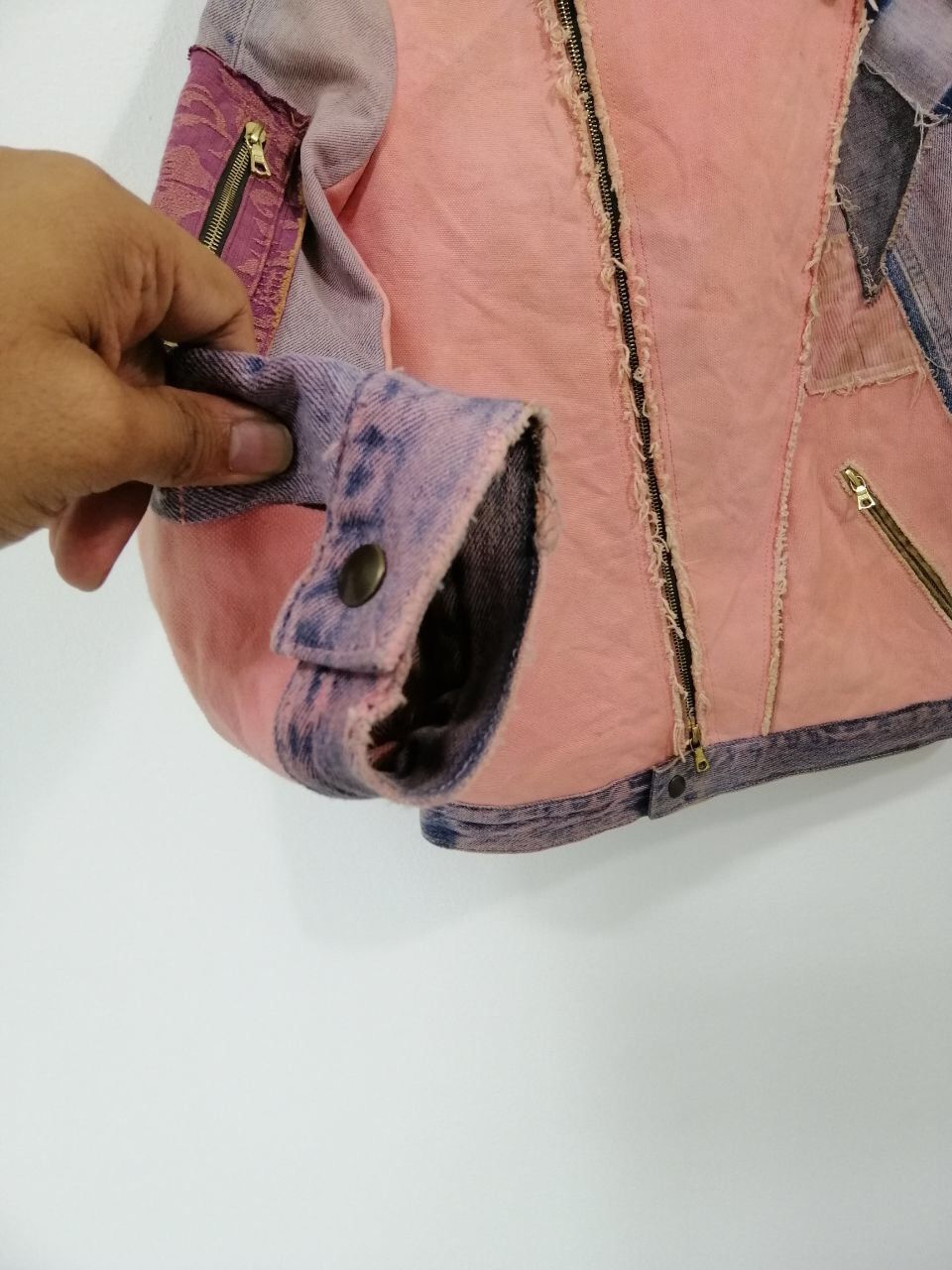 Designer × Handmade Rare Patchwork Denim Jacket Pink Color riri Zipper Size US XS / EU 42 / 0 - 8 Thumbnail