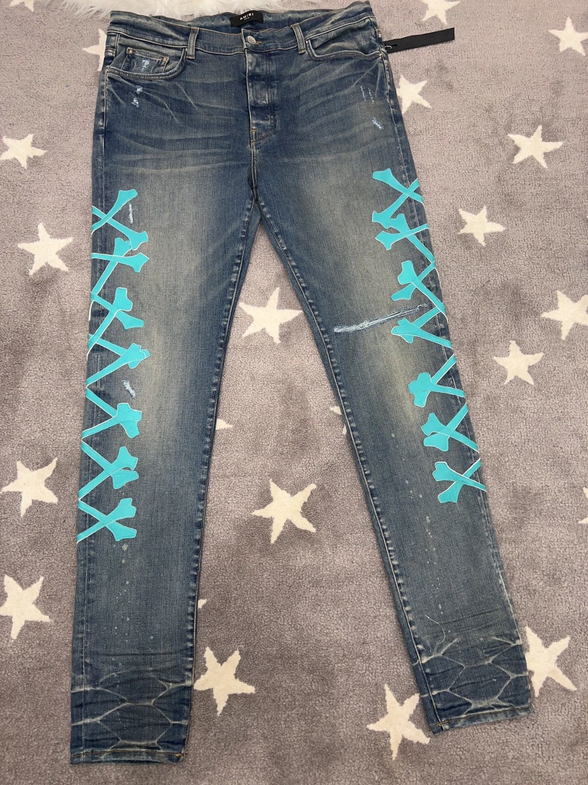 Image of Miami Exclusive Amiri Bones Denim Jeans in Bleu, Men's (Size 38)