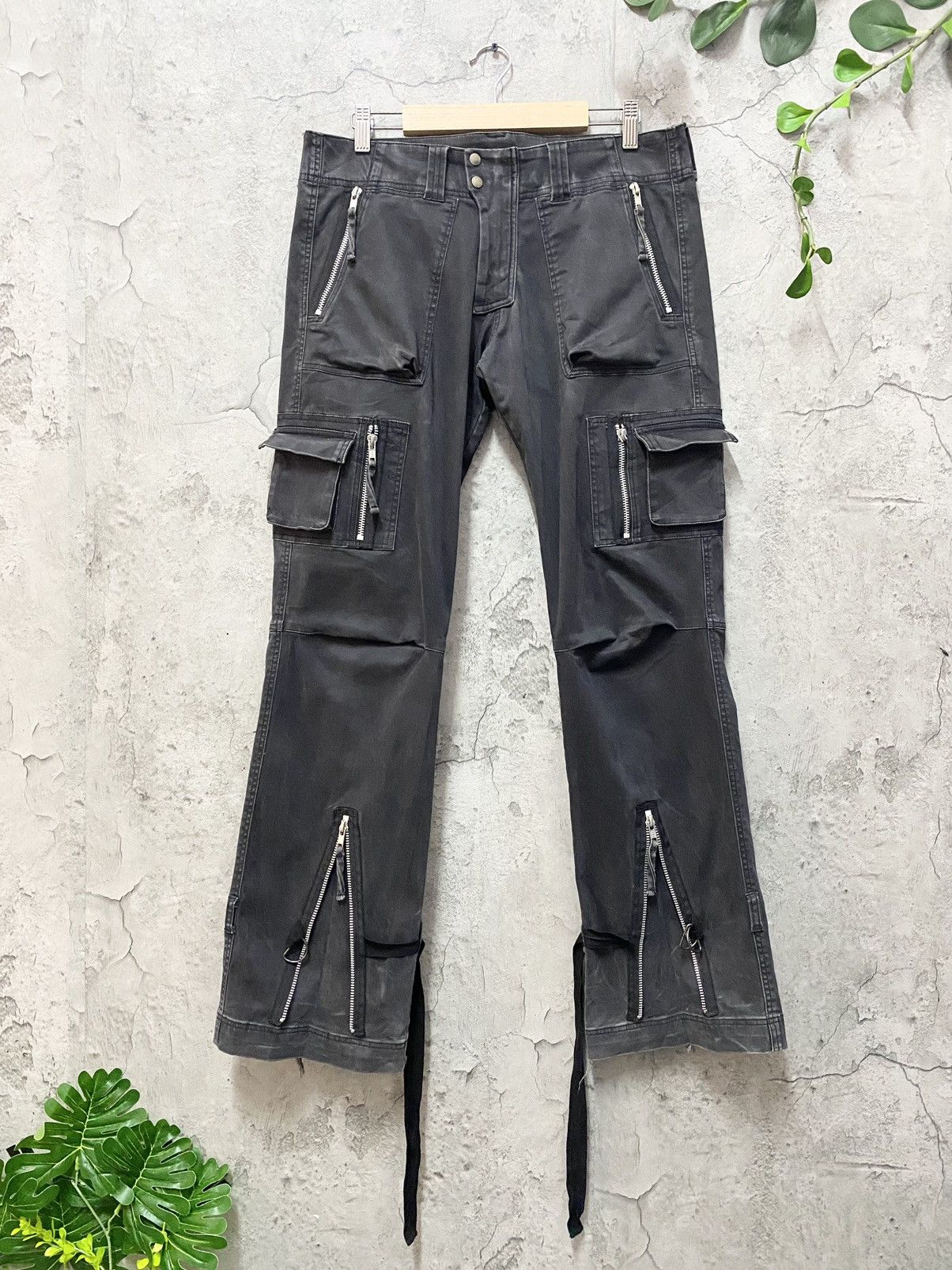 image of Designer Wd Japan Flared Tactical Bondage Faded Valvet Cargo Pants in Black Faded, Men's (Size 31)