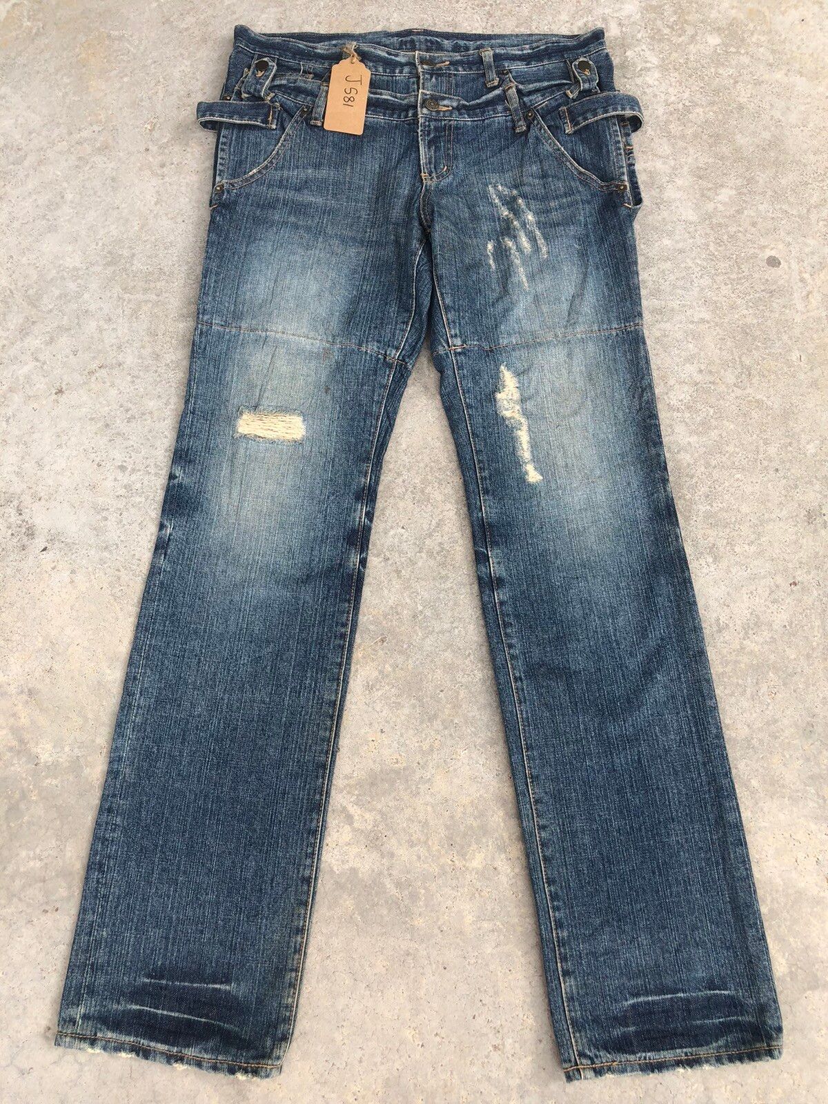 Pre-owned Ppfm Double Waist Distressed Jeans In Blue