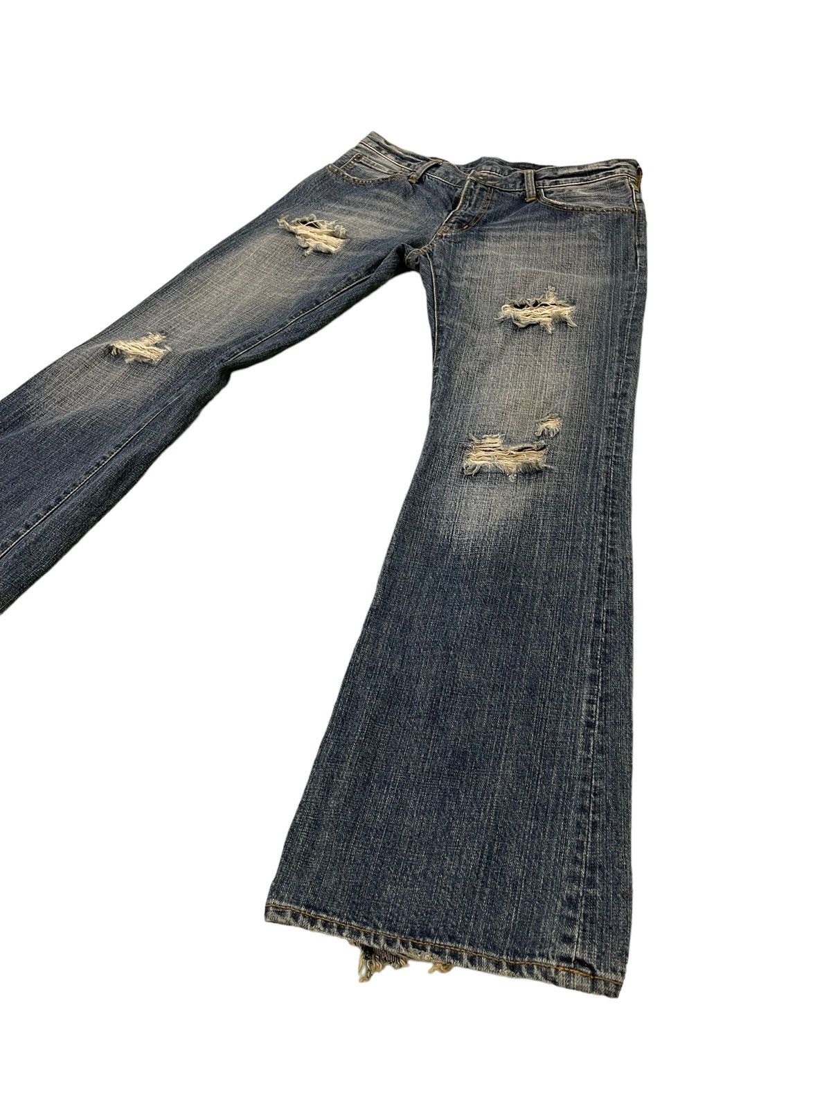 Japanese Brand Flare Jeans Coat of Arms Distress Denim Low Rise 2🟦3 Size US 31 - 3 Thumbnail