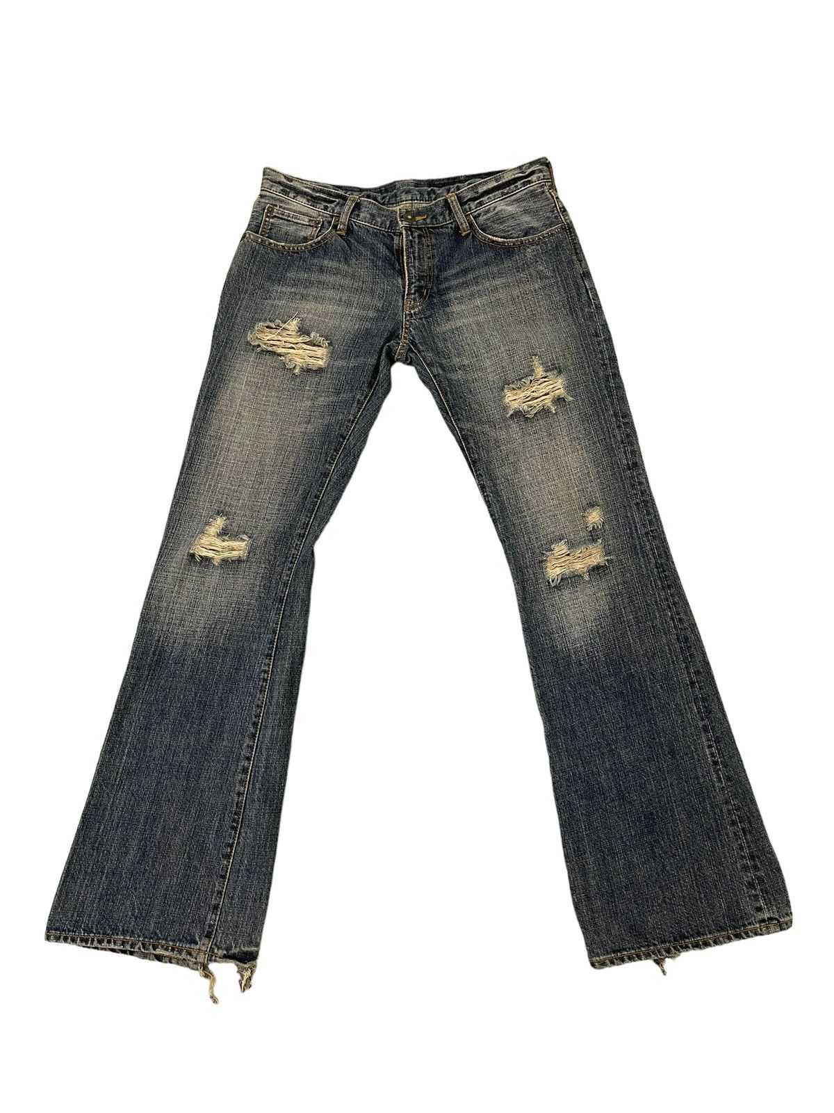 Japanese Brand Flare Jeans Coat of Arms Distress Denim Low Rise 2🟦3 Size US 31 - 2 Thumbnail