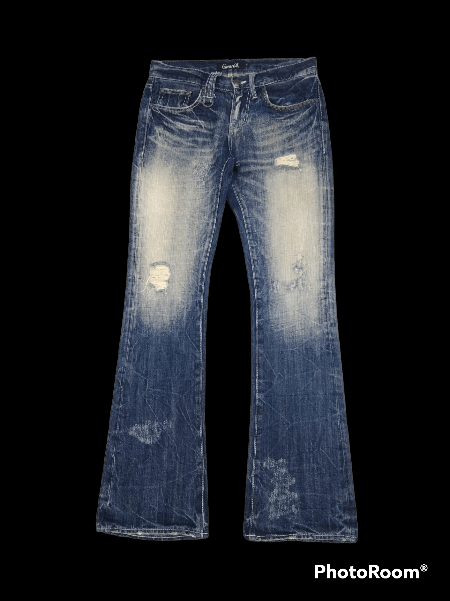 image of Distressed Denim x Hype Flare Studded Cavaria Denim Pants in Washed Dark Blue, Men's (Size 29)