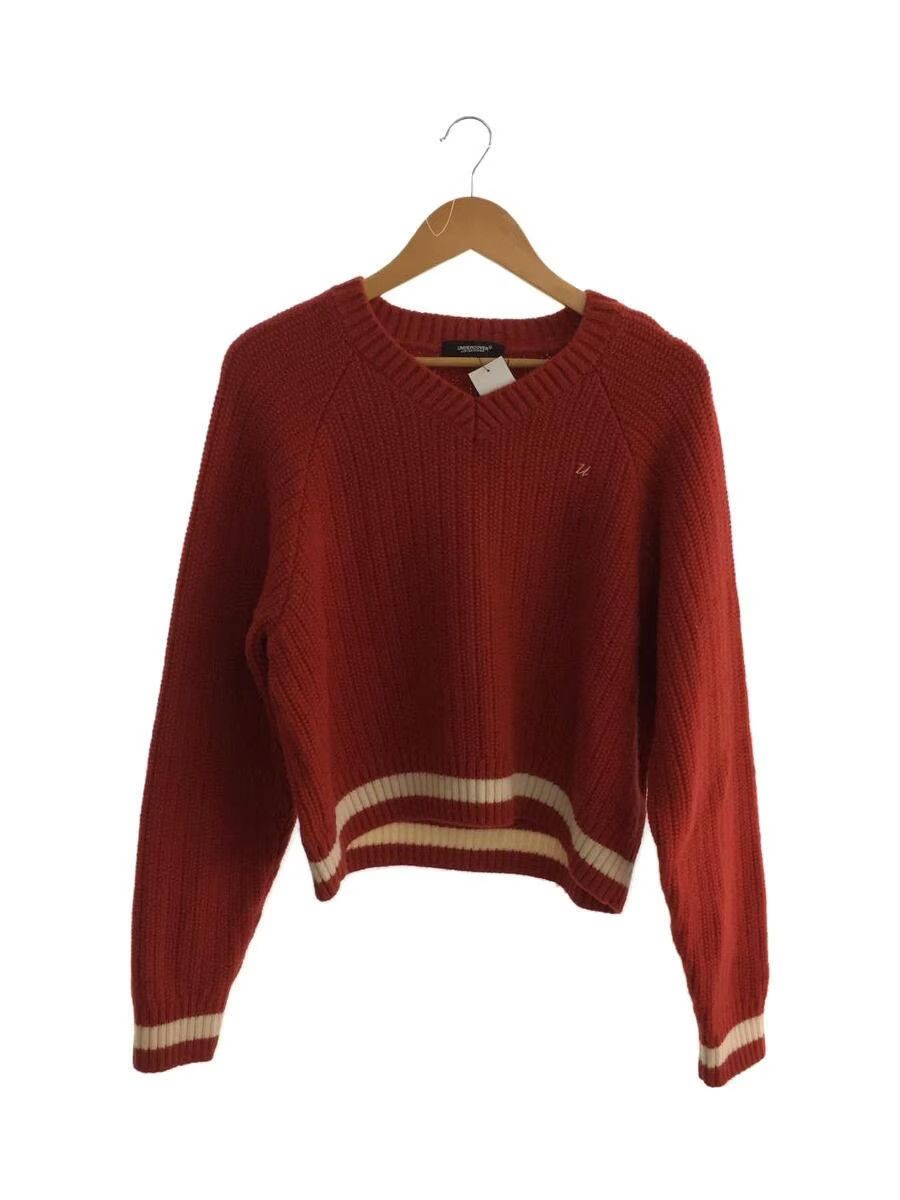 Image of Undercover Cropped Collegiate V Neck Wool Knit Sweater in Red, Men's (Size Large)