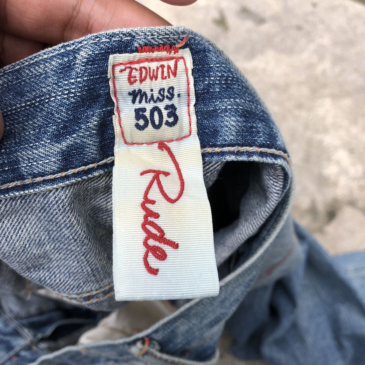 Edwin × Vintage 🔥Rare🔥Edwin 503 Miss Rude Stone Wash Boot Cut Distress Jeans Size 31" - 17 Thumbnail