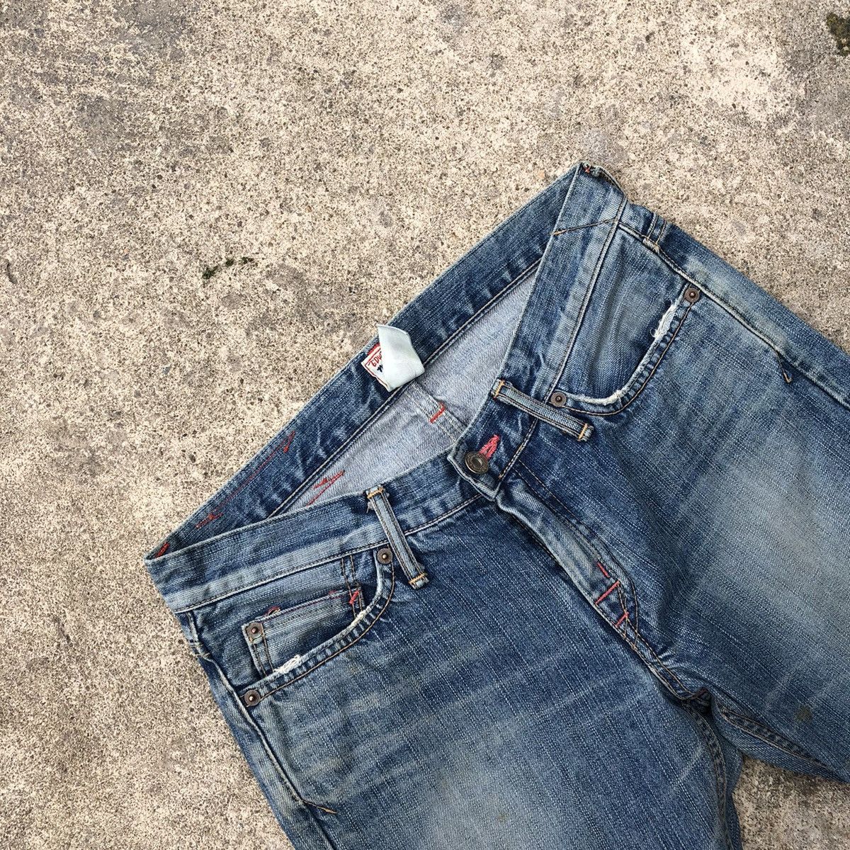 Edwin × Vintage 🔥Rare🔥Edwin 503 Miss Rude Stone Wash Boot Cut Distress Jeans Size 31" - 13 Thumbnail