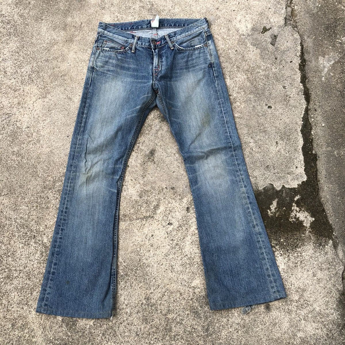 Edwin × Vintage 🔥Rare🔥Edwin 503 Miss Rude Stone Wash Boot Cut Distress Jeans Size 31" - 1 Thumbnail