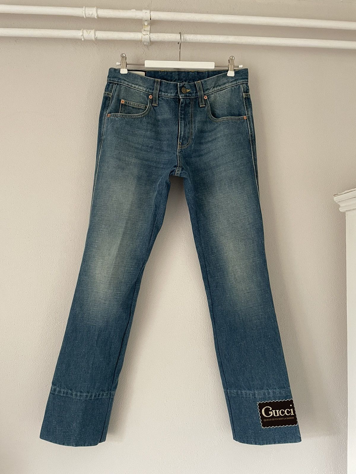 image of Gucci Quelle Qu’En Soit La Saison Patch Jeans in Blue Denim, Men's (Size 32)
