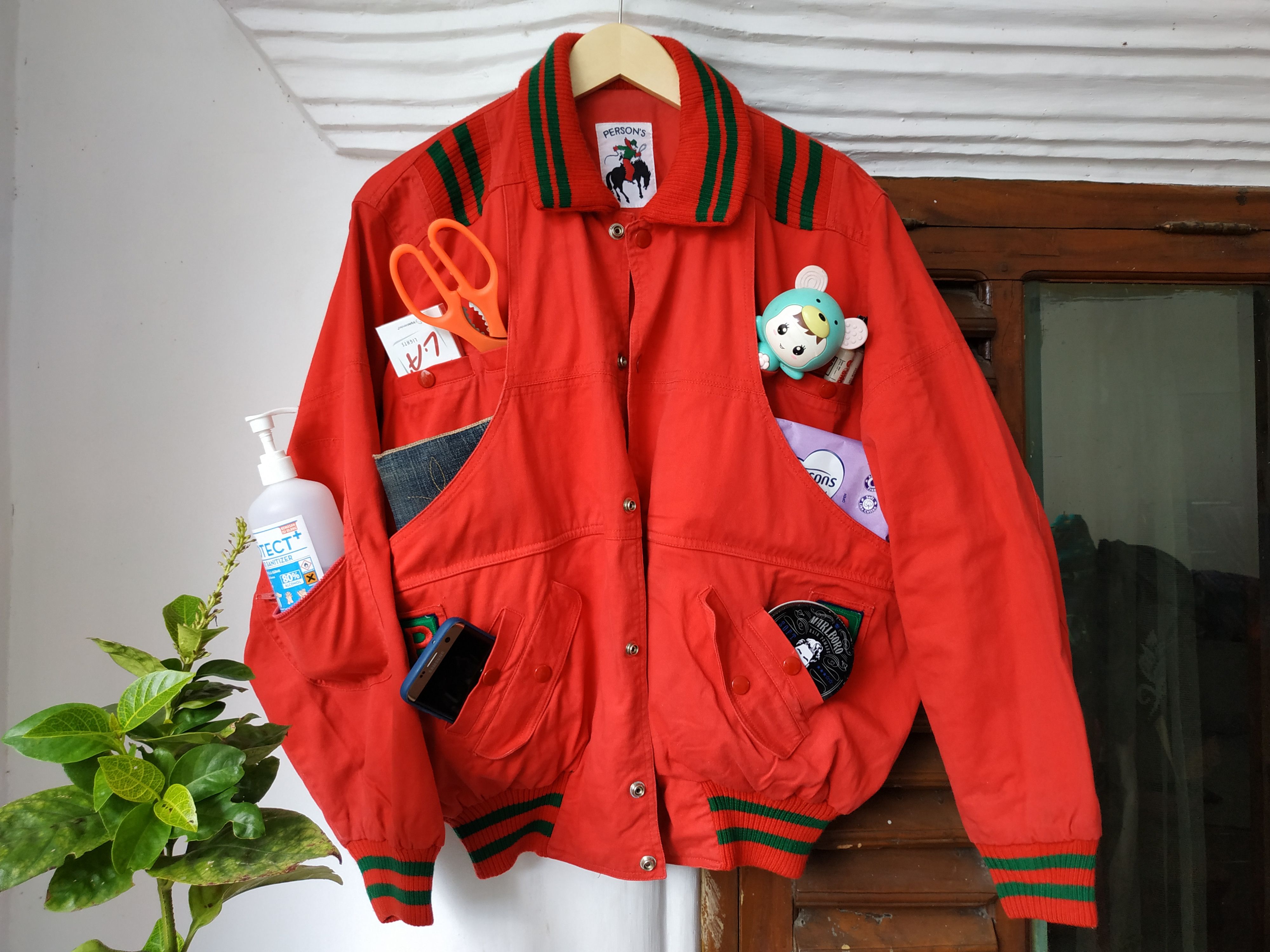 image of Persons x Varsity Jacket Design Vintage Person Spell Out Bomber Jacket in Red, Men's (Size Medium)
