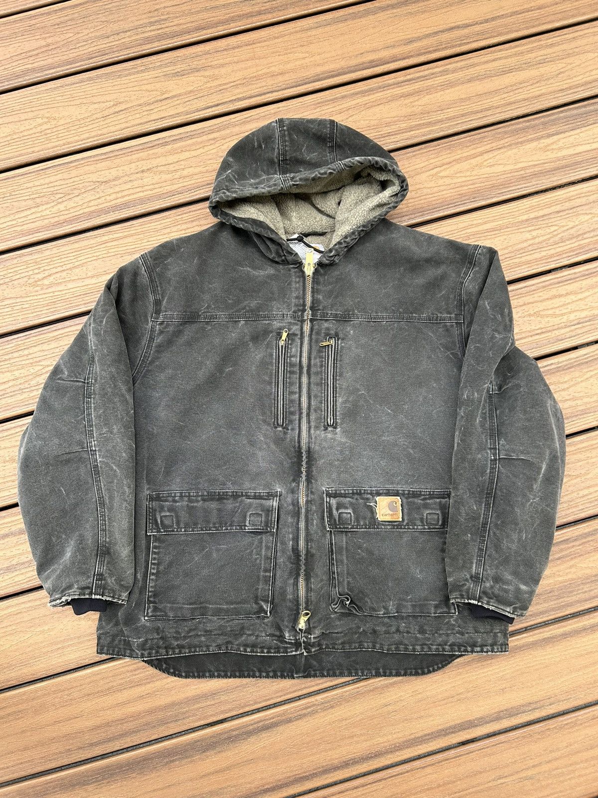 Carhartt Faded Carhartt Black Zip Up Hooded Lined Canvas Work Jacket ...