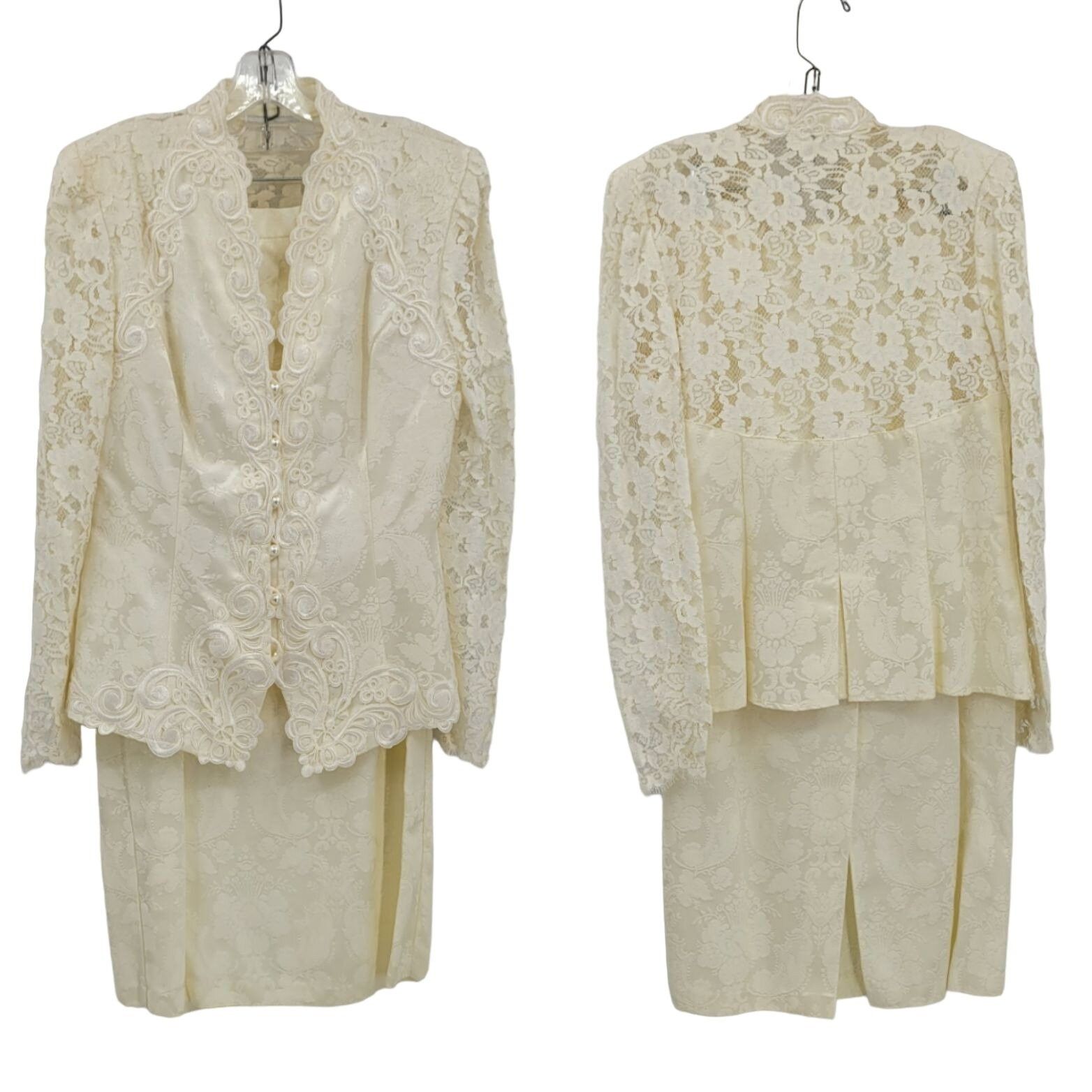 Vintage 90s Wedding Skirt Suit Set 14 Vanilla Brocade Lace