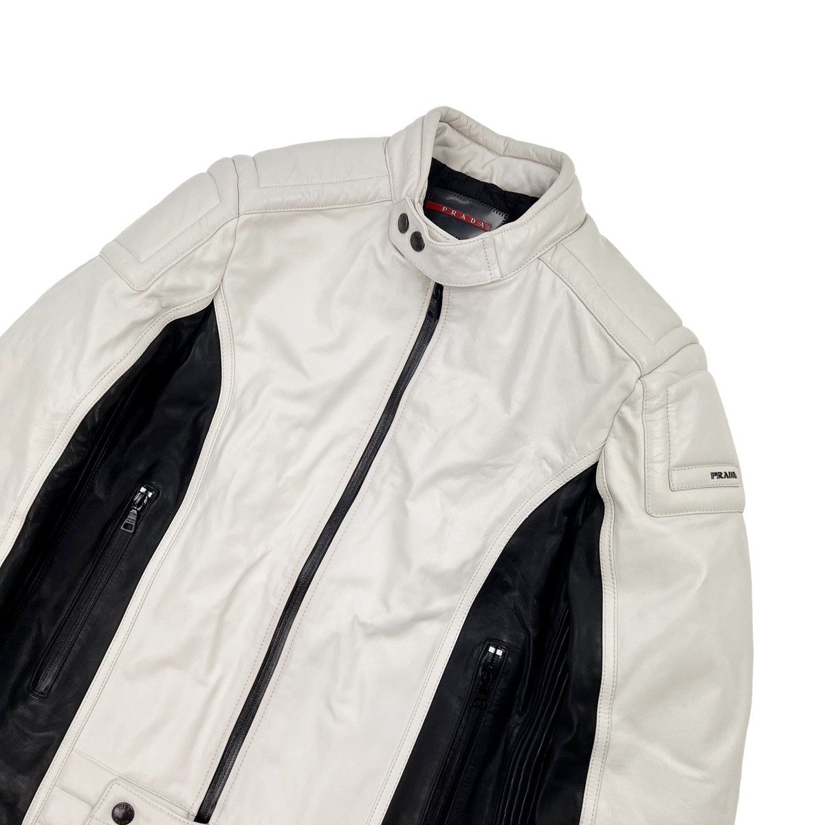 image of Prada Black & White Leather Biker Jacket, Men's (Size Small)