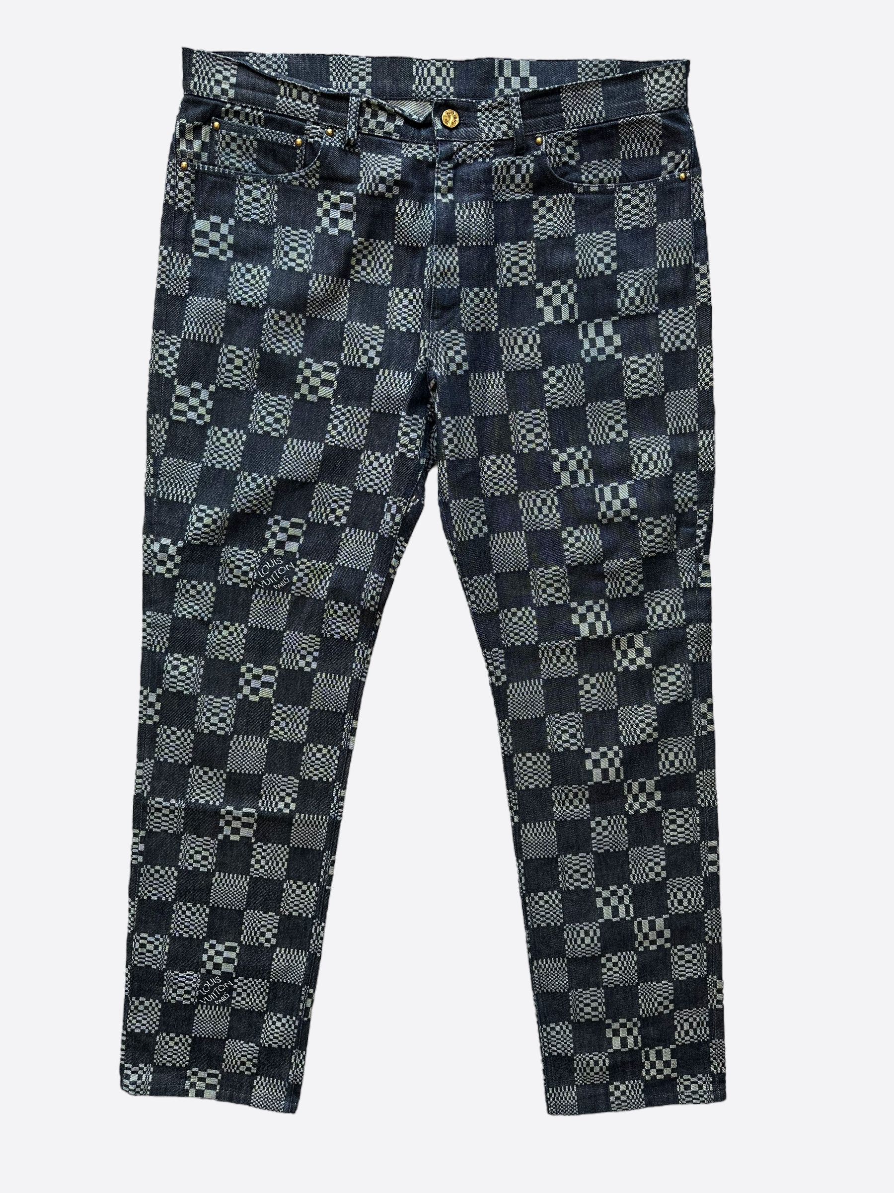 image of Louis Vuitton Distorted Damier Print Jeans in Blue, Men's (Size 40)