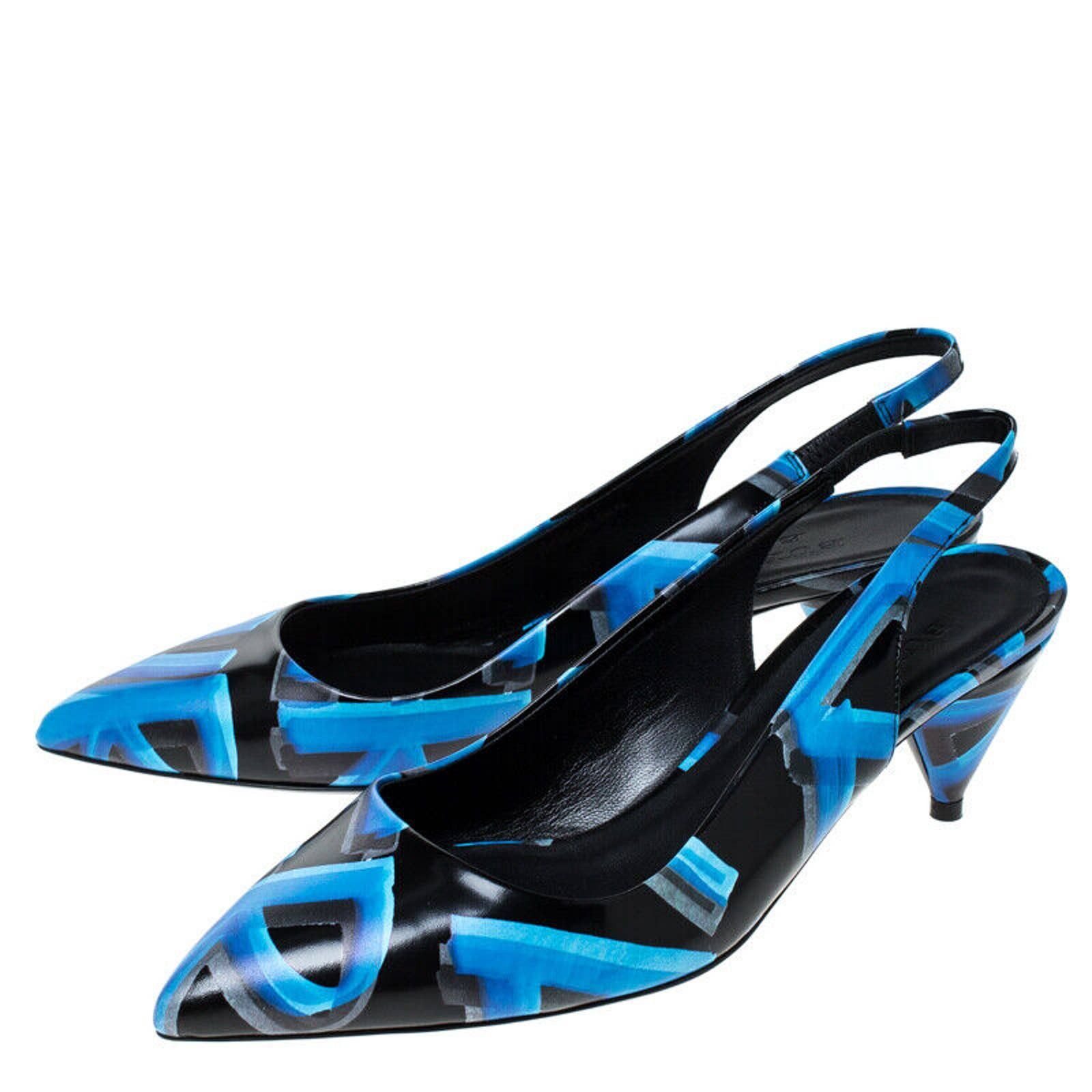 MORSON BLACK LEATHER GRAFFITI LOGO PRINT KITTEN PUMPS 37