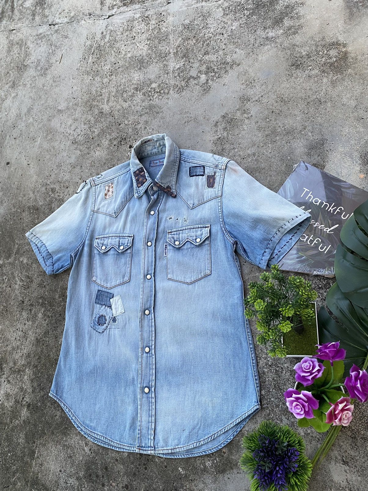 Blue Blue Japan × Japanese Brand Vintage Blue Blue Japan Patch Work Distressed Buttun Up Size US S / EU 44-46 / 1 - 3 Thumbnail