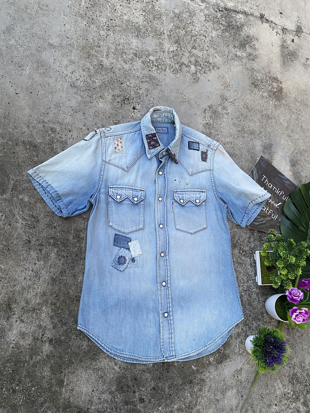 Blue Blue Japan × Japanese Brand Vintage Blue Blue Japan Patch Work Distressed Buttun Up Size US S / EU 44-46 / 1 - 2 Thumbnail