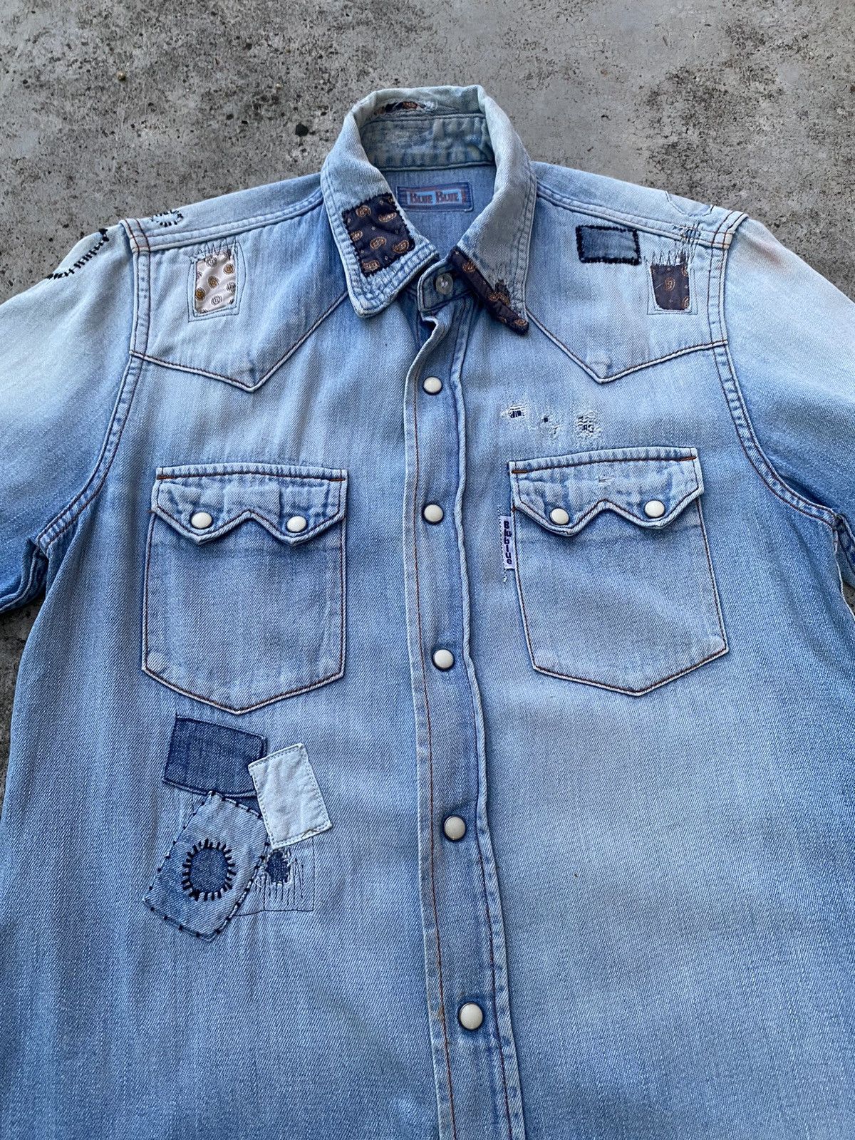 Blue Blue Japan × Japanese Brand Vintage Blue Blue Japan Patch Work Distressed Buttun Up Size US S / EU 44-46 / 1 - 4 Thumbnail