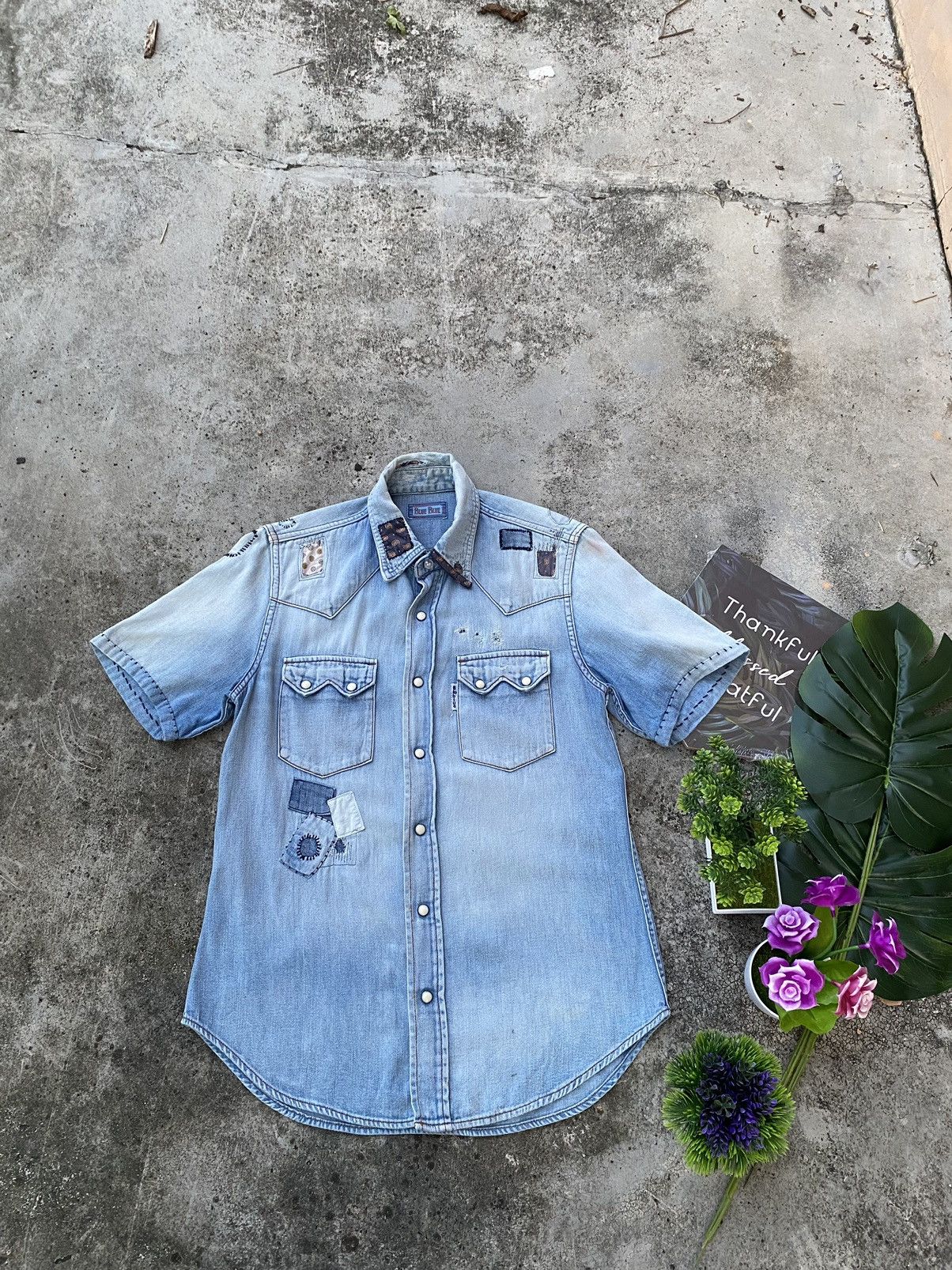 Blue Blue Japan × Japanese Brand Vintage Blue Blue Japan Patch Work Distressed Buttun Up Size US S / EU 44-46 / 1 - 1 Thumbnail