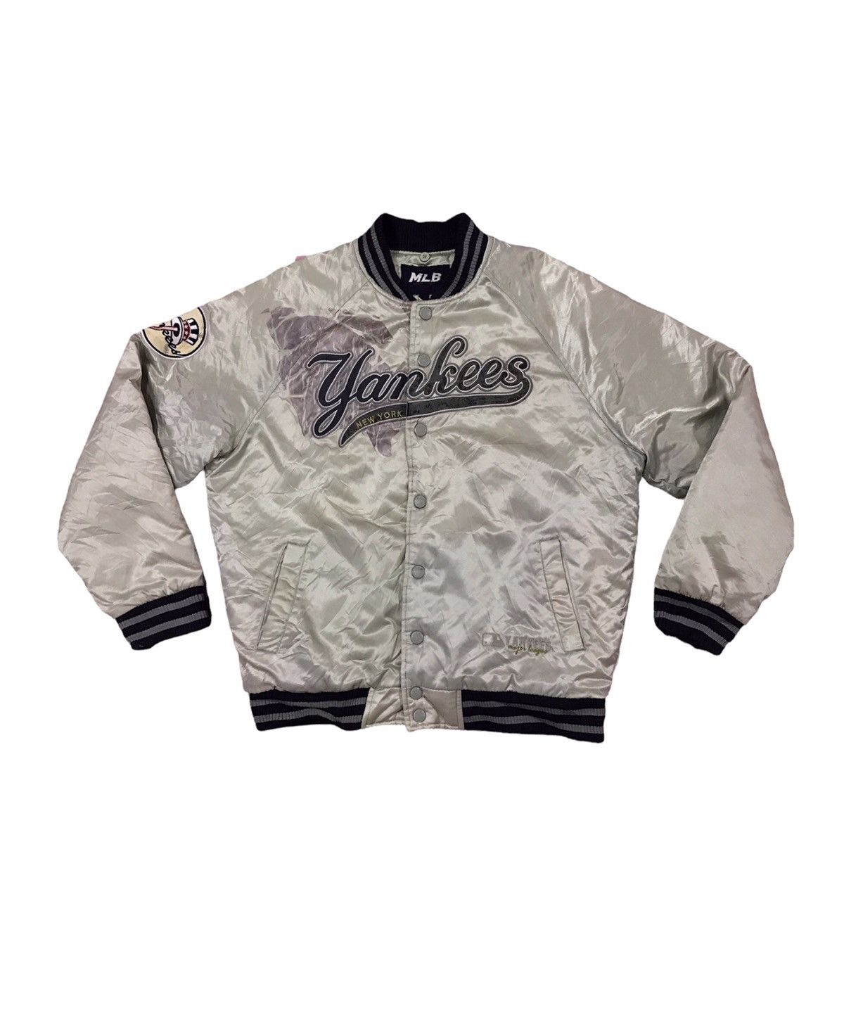 image of Vintage New York Yankees Varsity Bomber Jacket Baseball Mlb in Silver, Men's (Size Medium)