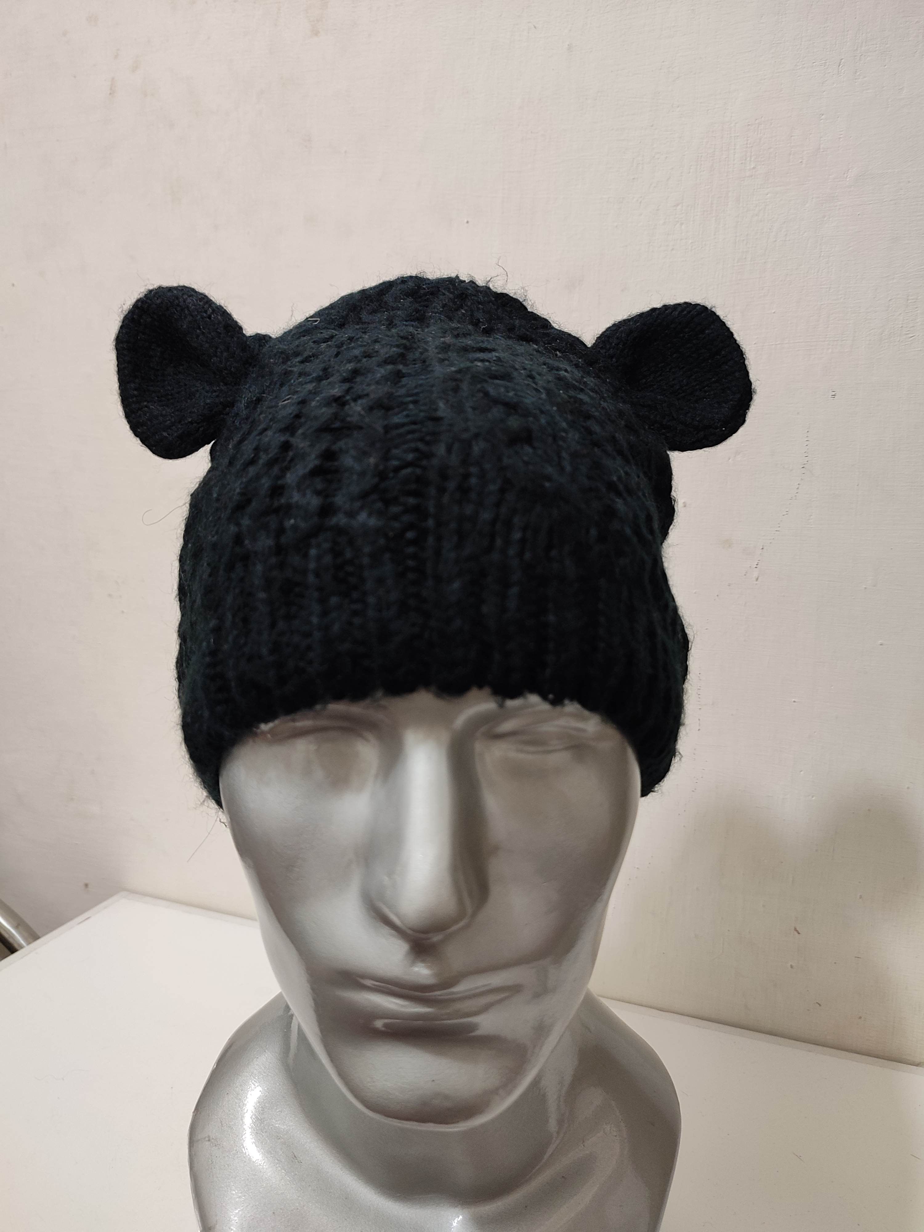 image of A. K. Knitted Bunny Ear Horn Devil Design Beanie Hats in Black, Men's