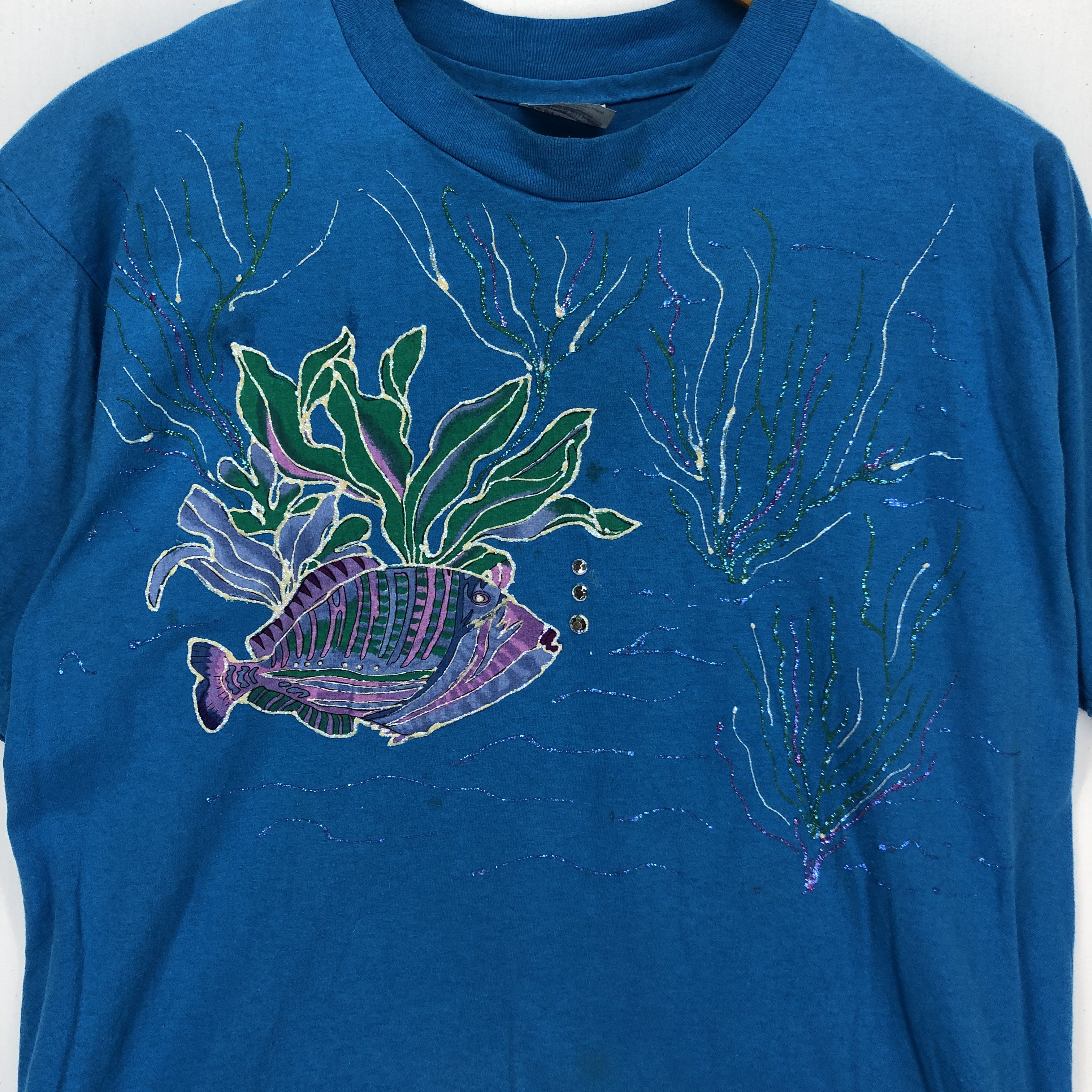 Hanes 90s Vintage FISH SEAWEED Crew Neck T Shirt #1629-60 Size US XL / EU 56 / 4 - 2 Thumbnail
