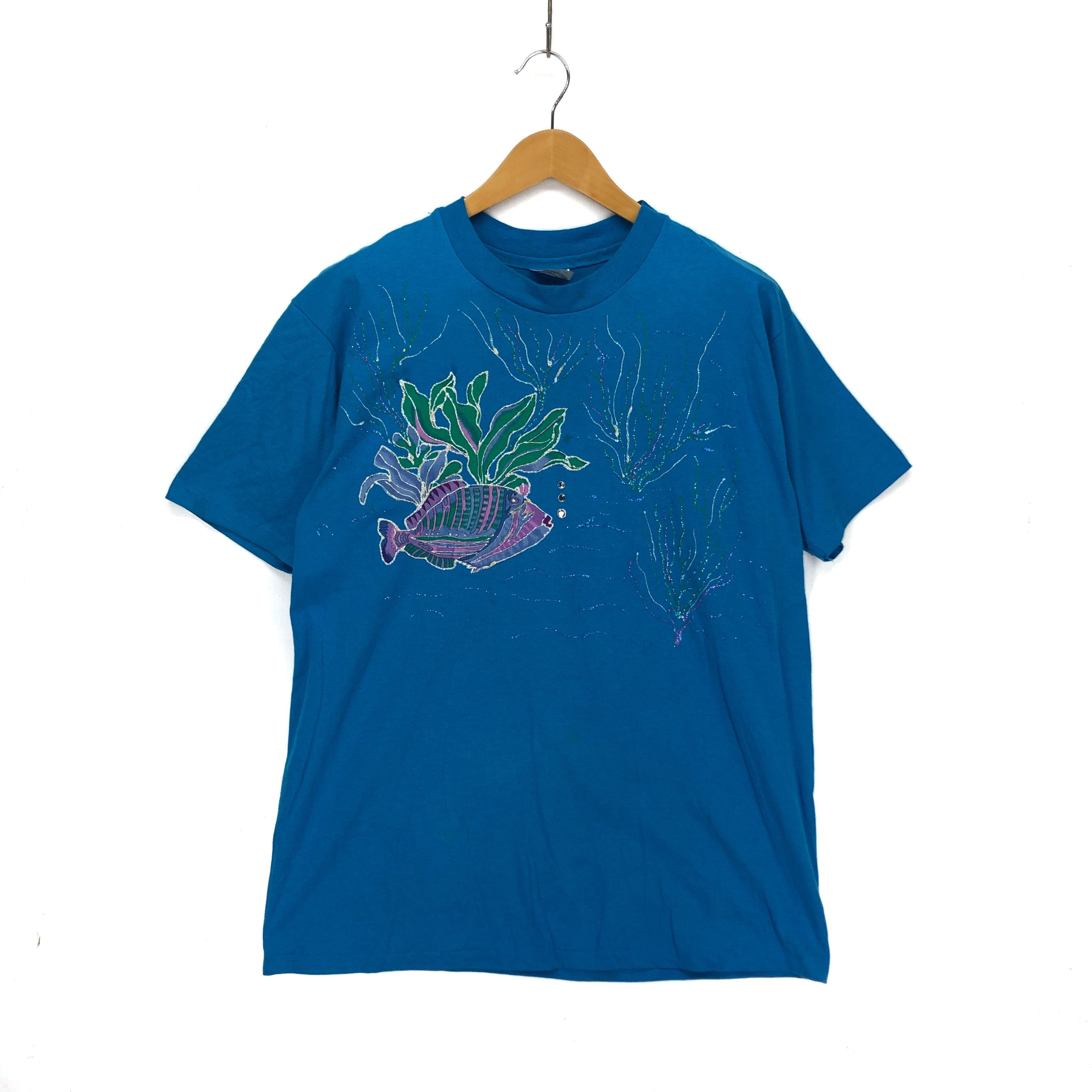 Hanes 90s Vintage FISH SEAWEED Crew Neck T Shirt #1629-60 Size US XL / EU 56 / 4 - 1 Thumbnail