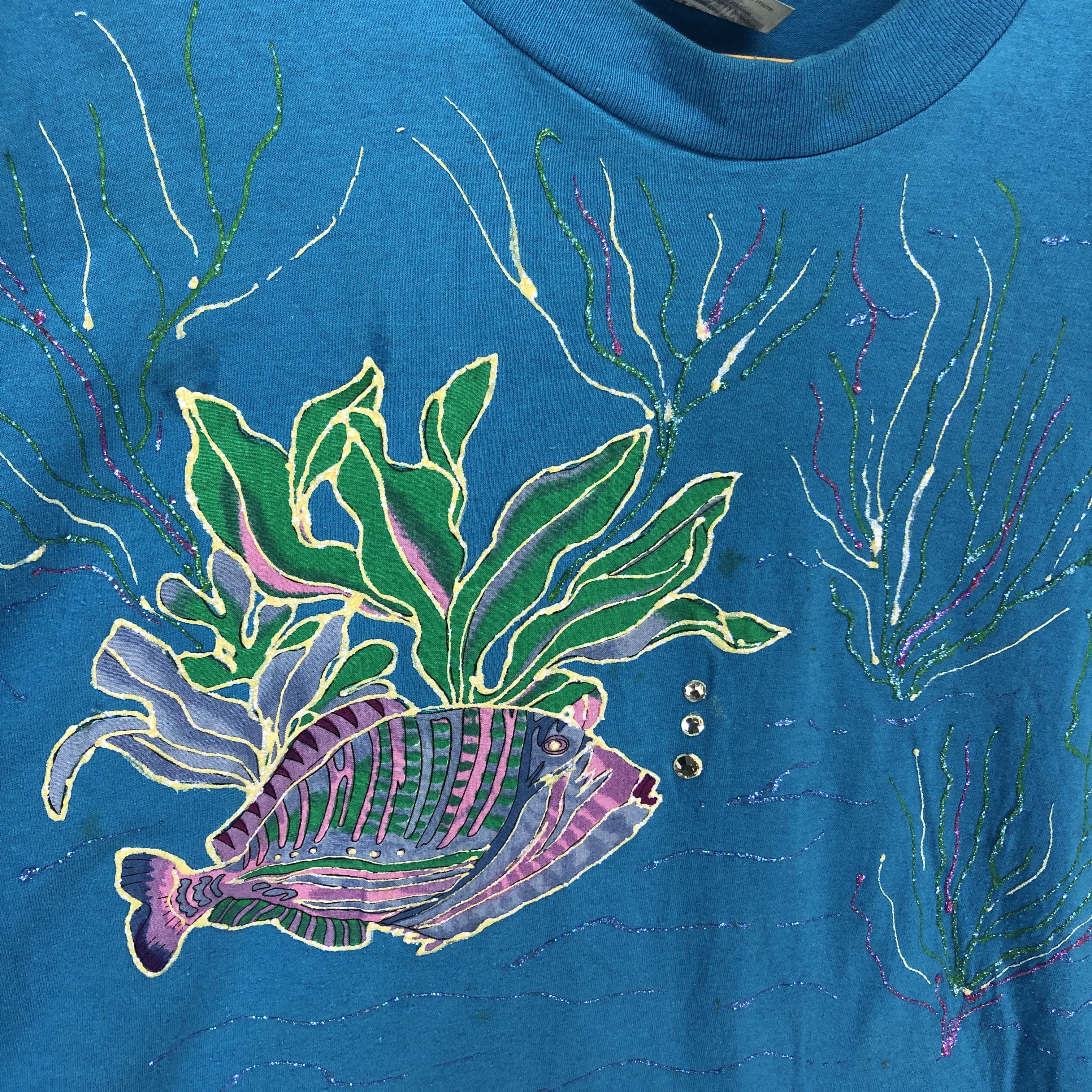 Hanes 90s Vintage FISH SEAWEED Crew Neck T Shirt #1629-60 Size US XL / EU 56 / 4 - 3 Thumbnail