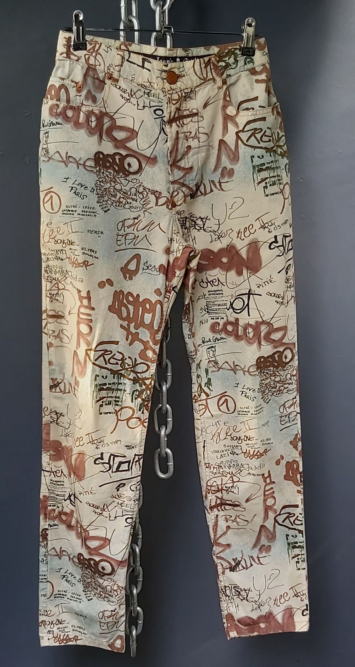 image of Jean Paul Gaultier Grail Ss94 Graffiti Jeans Pants in Cream, Men's (Size 27)