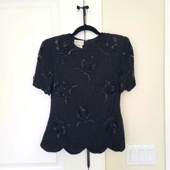Vintage Stenay Scalloped Short Sleeve Silk Embellished Floral Blouse Size S / US 4 / IT 40 - 5 Thumbnail