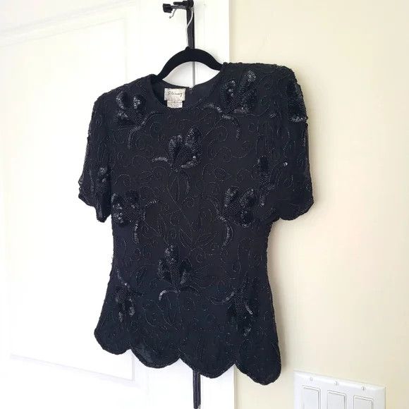 Vintage Stenay Scalloped Short Sleeve Silk Embellished Floral Blouse Size S / US 4 / IT 40 - 4 Thumbnail