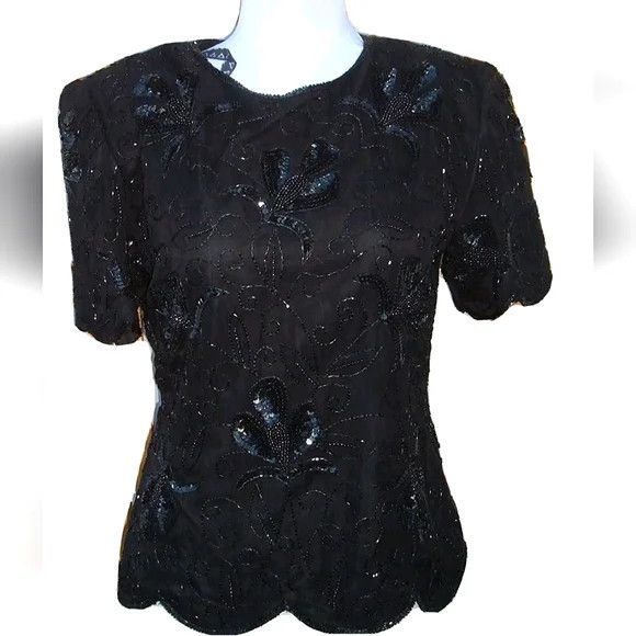 Vintage Stenay Scalloped Short Sleeve Silk Embellished Floral Blouse Size S / US 4 / IT 40 - 2 Thumbnail