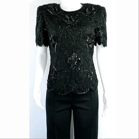Vintage Stenay Scalloped Short Sleeve Silk Embellished Floral Blouse Size S / US 4 / IT 40 - 3 Thumbnail
