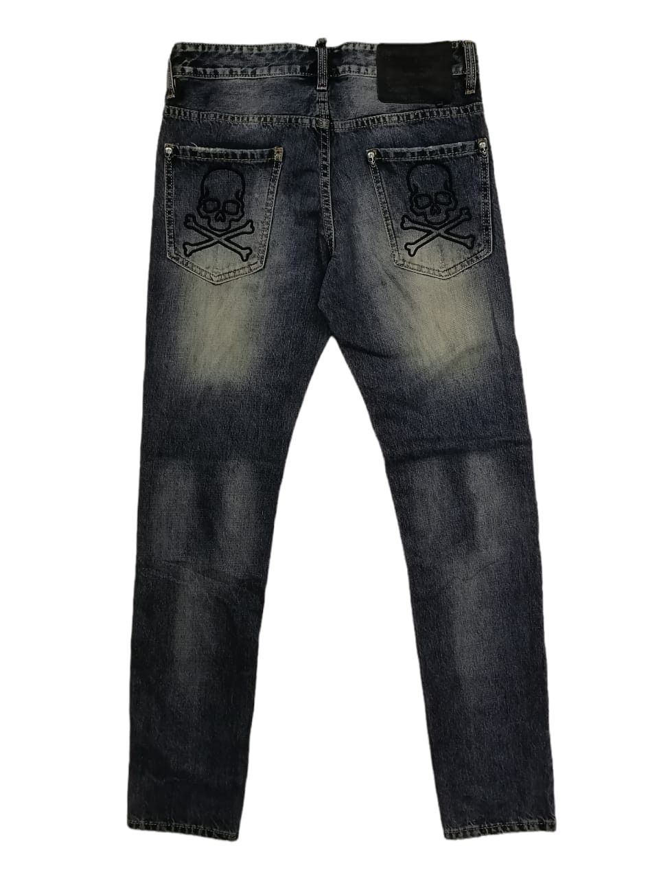 image of Distressed Denim Philip Plein Skull Emboired Jeans in Washed Blue, Men's (Size 32)