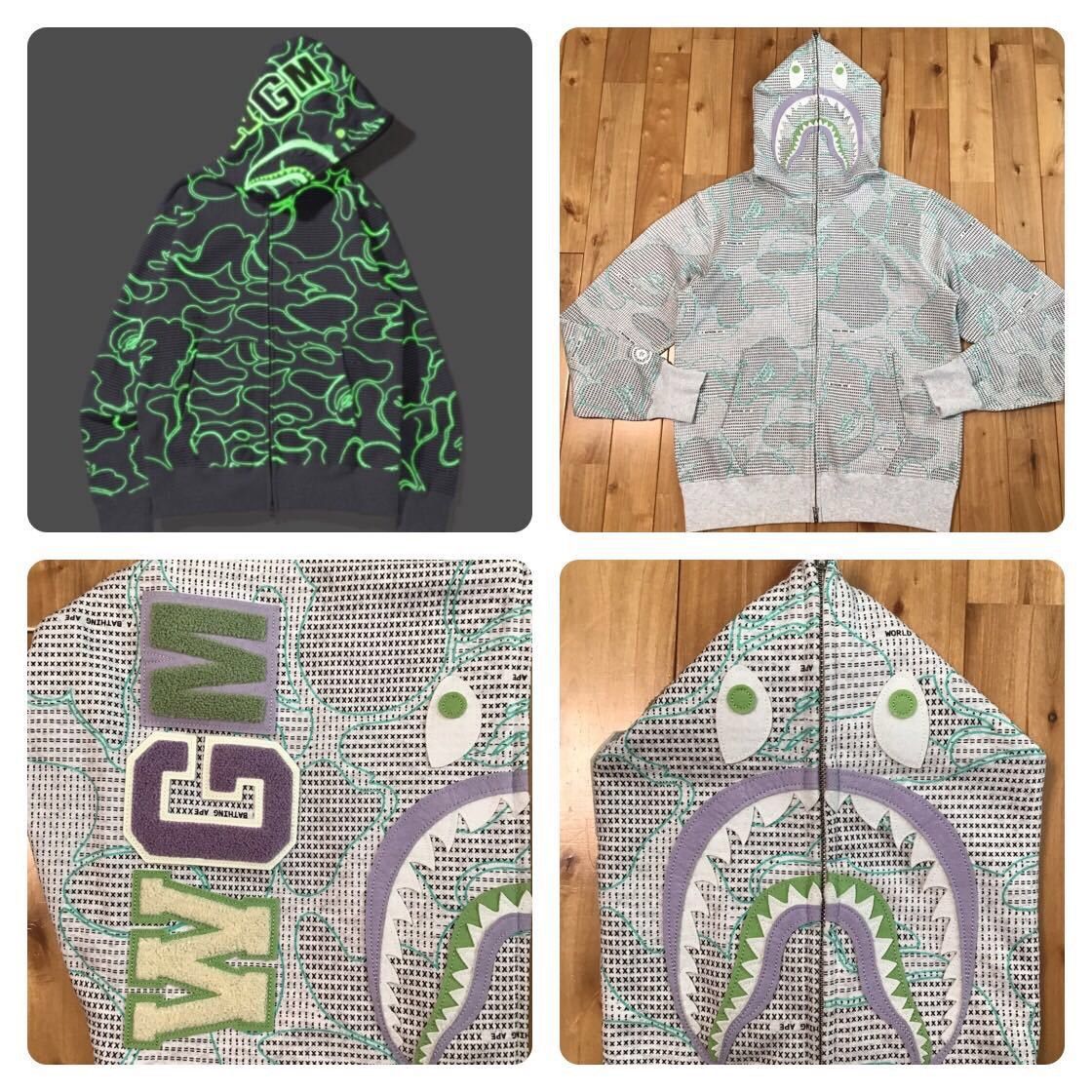 image of Glow In The Dark Bape Text Code Camo Shark Full Zip Hoodie in Grey, Men's (Size Large)