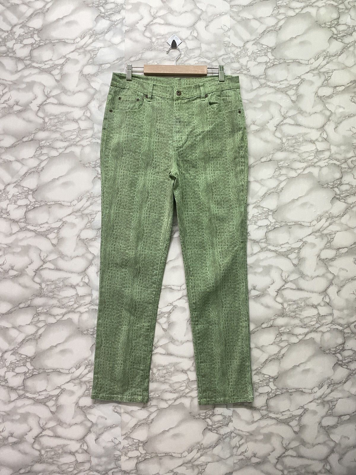 image of Vintage Diane Gilman Elastic Snake Design Pants in Green, Men's (Size 31)