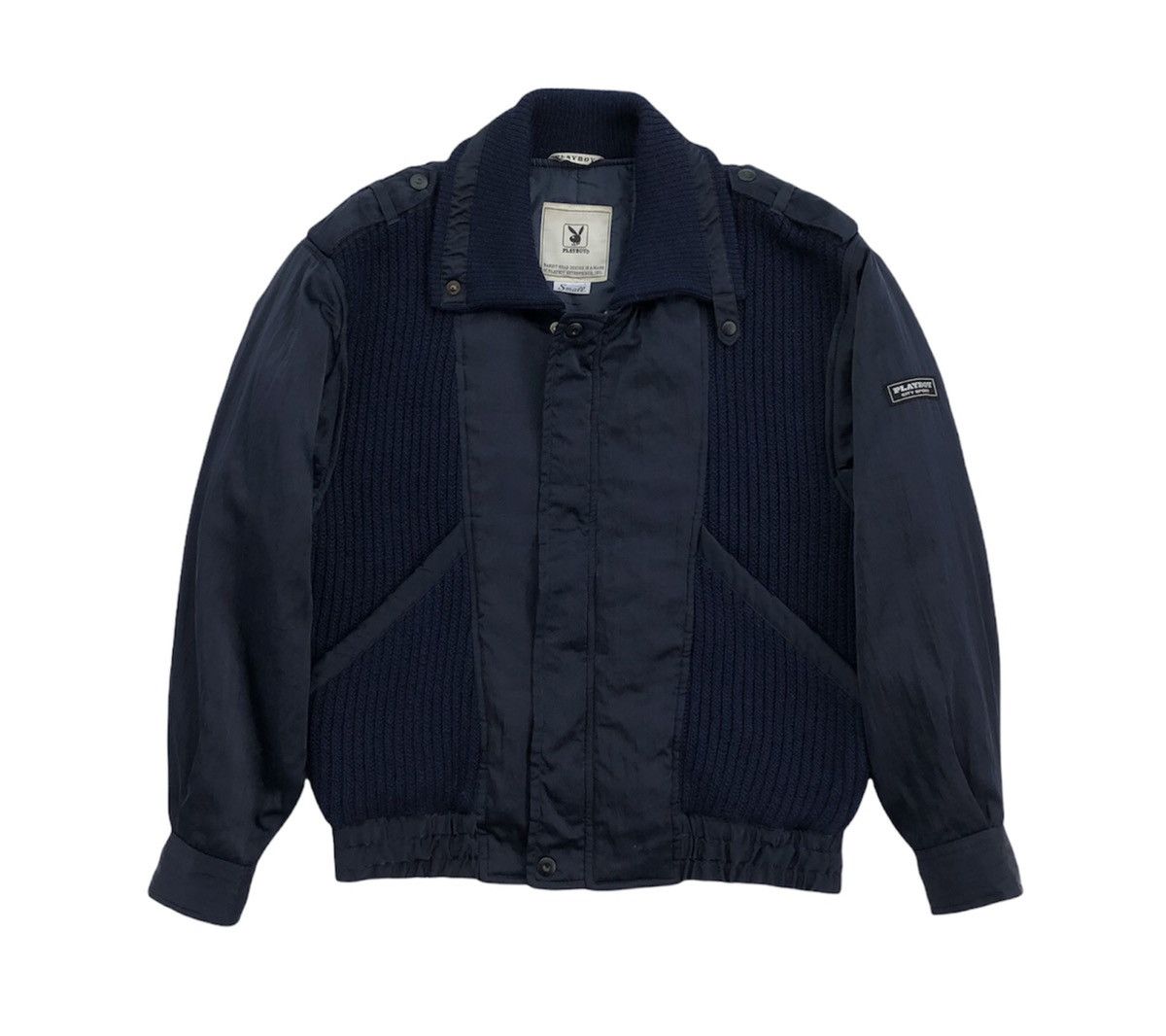 image of vintage Playboy Rabbit Head Mix Knitted Bomber Jacket in Blue, Men's (Size Small)