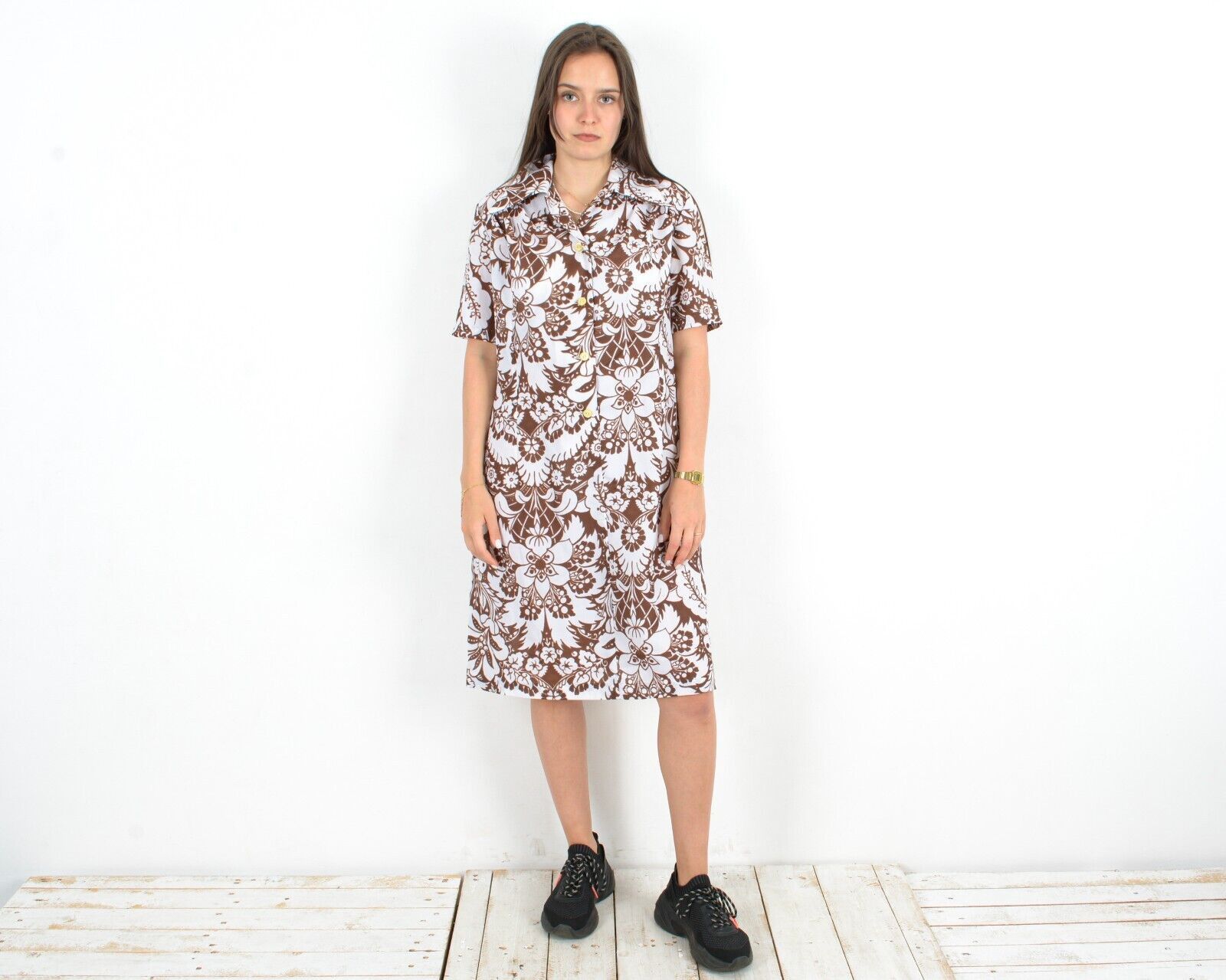 Other × Vintage Shirt Dress Button Up Collar Summer Retro Floral 70's Skirt Size M / US 6-8 / IT 42-44 - 5 Thumbnail