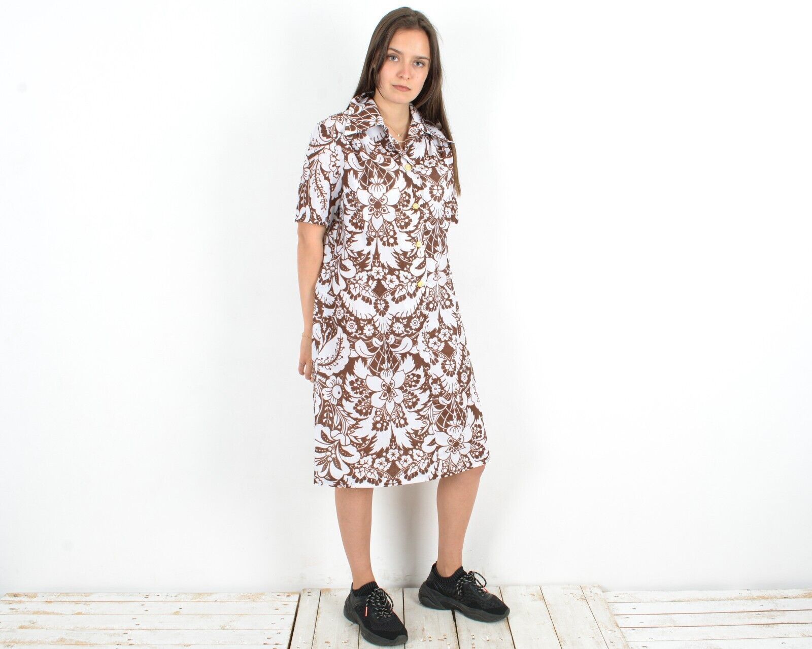 Other × Vintage Shirt Dress Button Up Collar Summer Retro Floral 70's Skirt Size M / US 6-8 / IT 42-44 - 2 Thumbnail