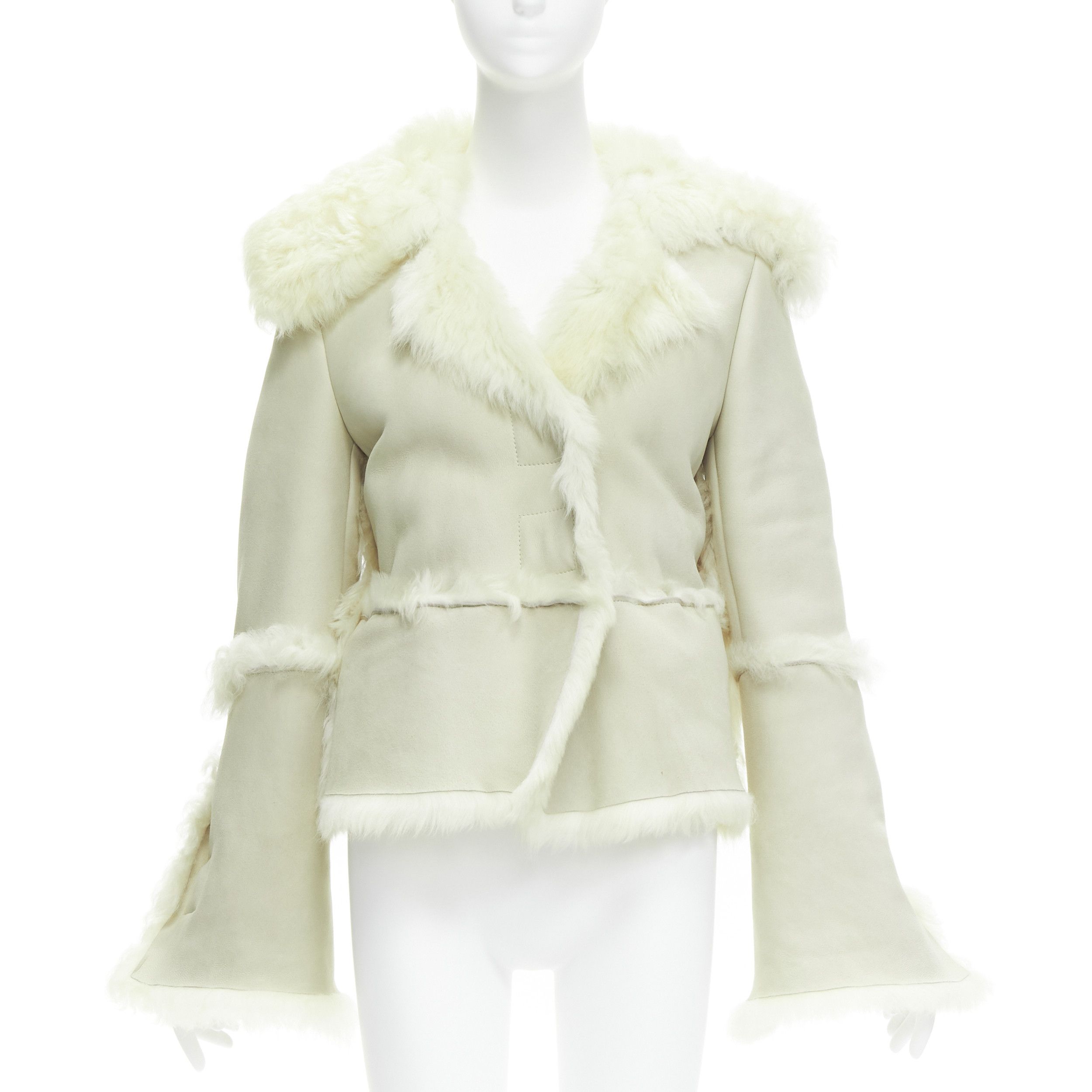 Image of Gucci Tom Ford Cream Shearling Fur Lined Suede Flared Sleeve Coat It38 Xs, Women's