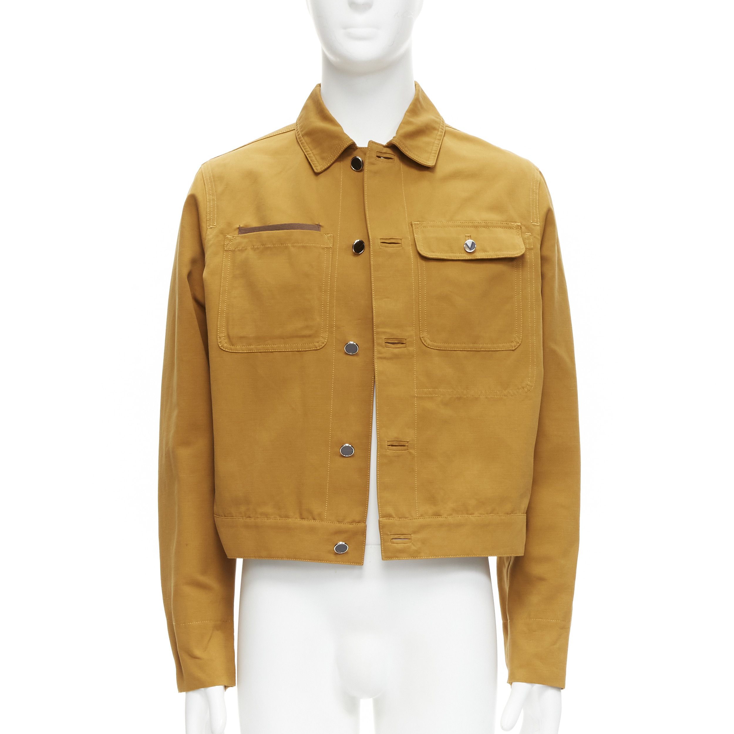 image of Louis Vuitton Virgil Abloh Cotton Linen V Logo Button Leather Pocket Trucker Jacket Fr46 S in Yello