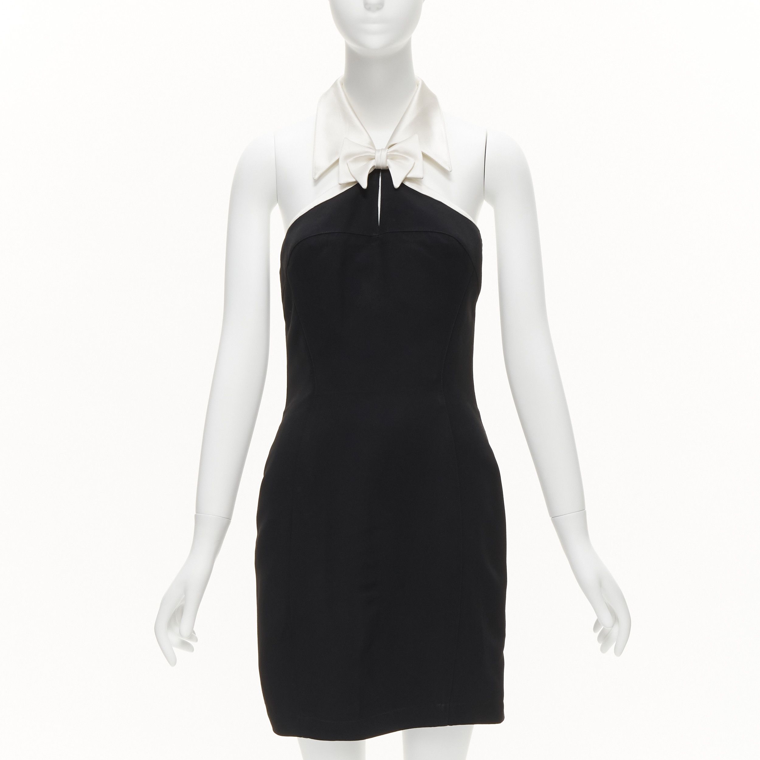 image of Thierry Mugler Vintage White Vampire Halter Bow Collar Black Tux Mini Dress It40 S, Women's (Size S