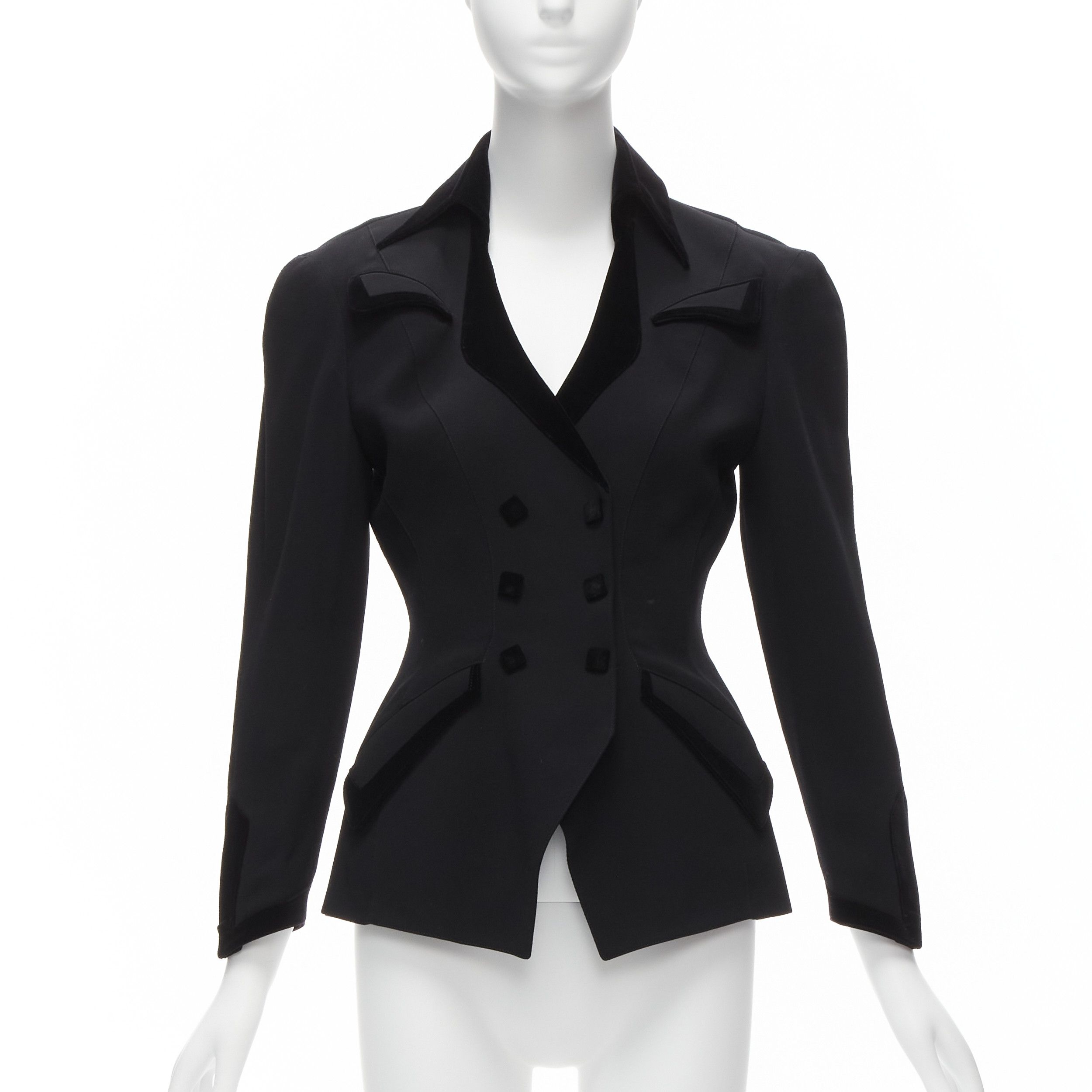 image of Thierry Mugler Vintage Black Wool Curved Lapel Velvet Shadow Peplum Blazer It7Ar S, Women's (Size S