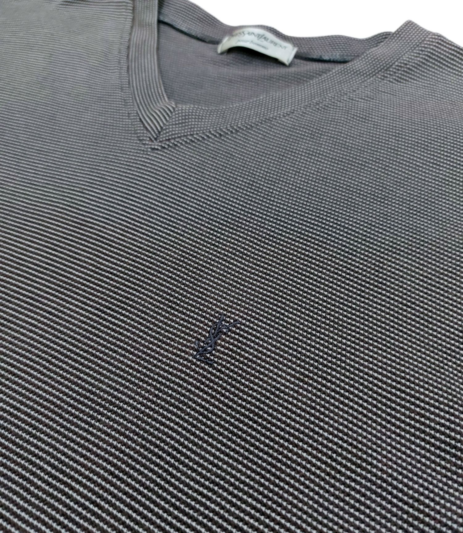 Designer × Yves Saint Laurent RARE! VTG YSL POUR HOMME V-NECK JACQUARD HICKORY STRIPED Size US L / EU 52-54 / 3 - 6 Thumbnail