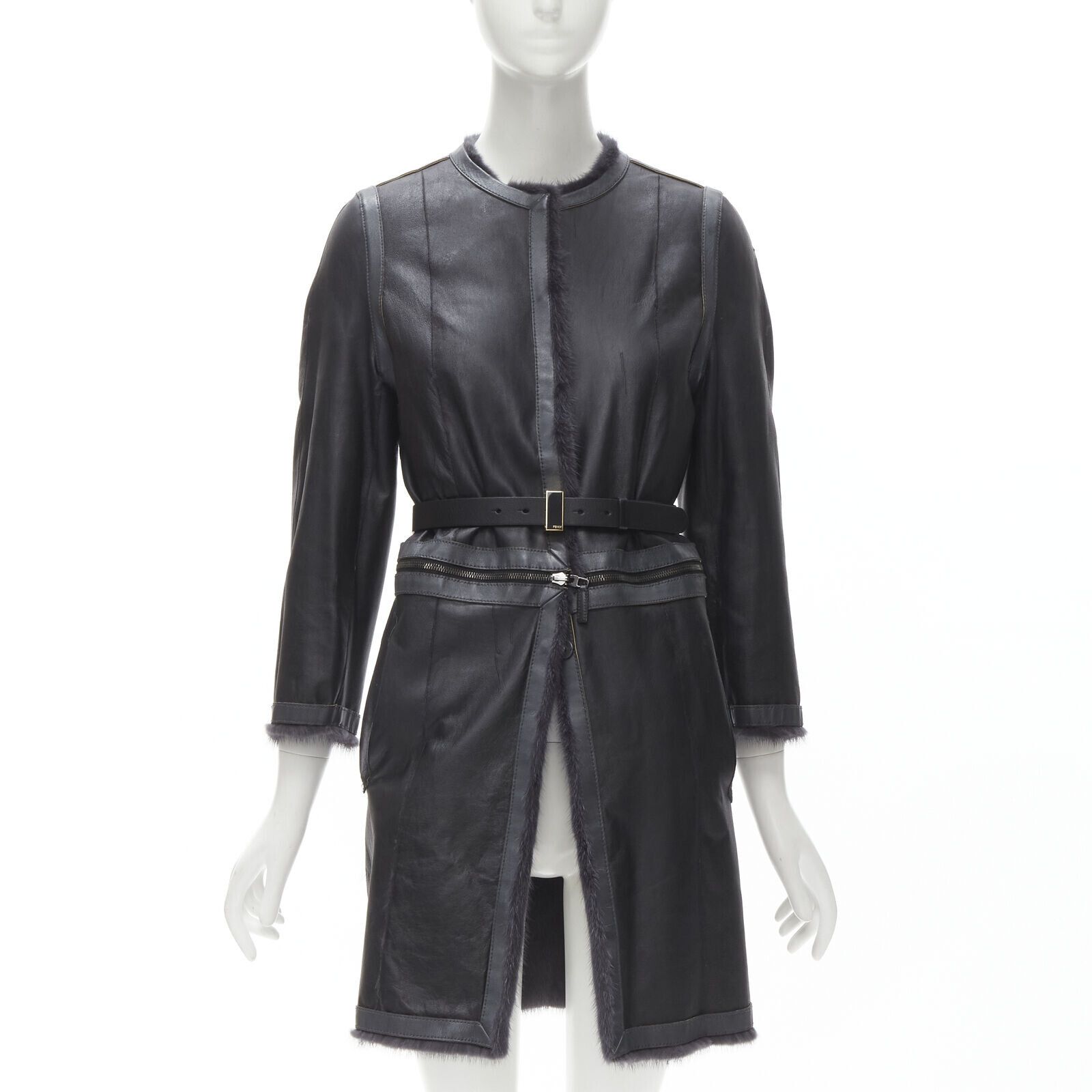 Fendi FENDI grey black fur leather 4-way reversible zip belted coat jacket IT38 Size XS / US 0-2 / IT 36-38 - 2 Preview