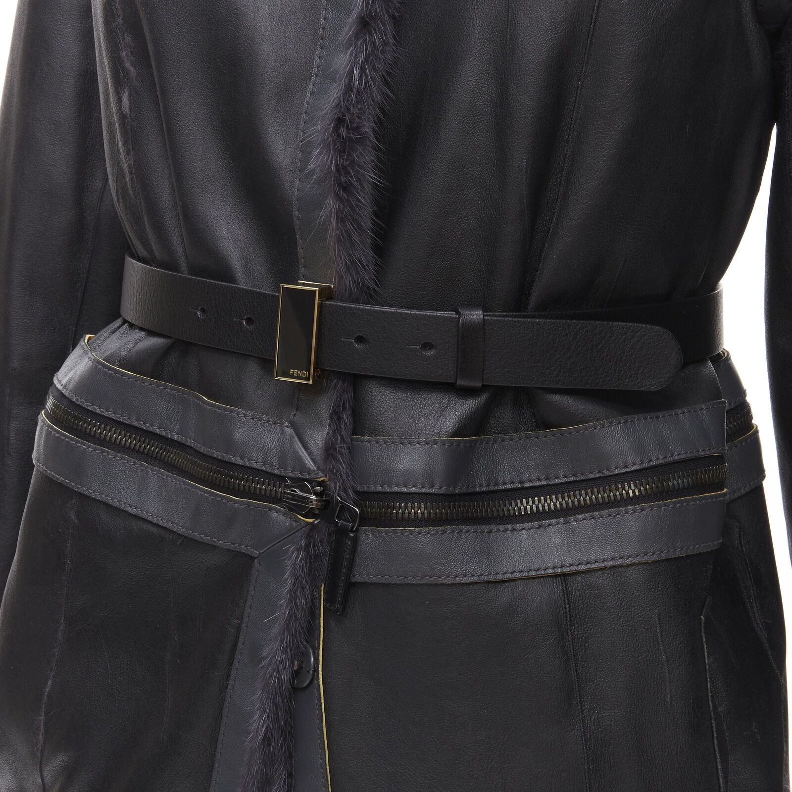 Fendi FENDI grey black fur leather 4-way reversible zip belted coat jacket IT38 Size XS / US 0-2 / IT 36-38 - 10 Thumbnail